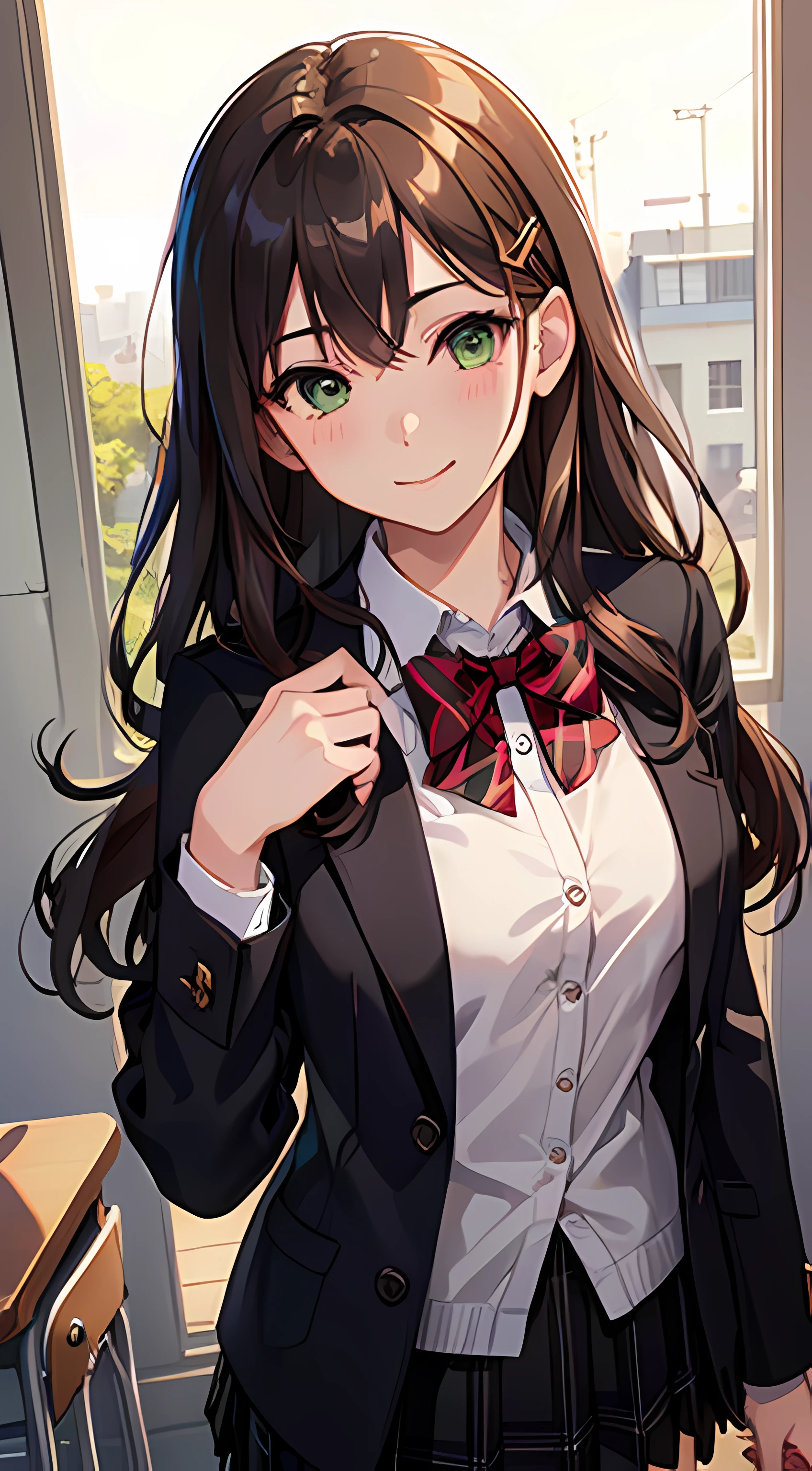((masterpiece, best quality, highres, UHD, perfect pixel, depth of field, 4k, RTX, HDR))), 1girl, single, solo, beautiful anime girl, beautiful artstyle, anime character, ((long hair, bangs, dark brown hair, curly hair:0.4, simple hair pin)), ((green eyes:1.4, rounded eyes, beautiful eyelashes, realistic eyes)), ((detailed face, blushing:1.2)), ((smooth texture:0.75, realistic texture:0.65, photorealistic:1.1, anime CG style)), medium breasts, dynamic angle, perfect body, ((POV, close up, cowboy shot)), ((red bowtie, school uniform, black jacket, open jacket, brown cardigan, white shirt, black skirt, plaid skirt)), smile, classroom