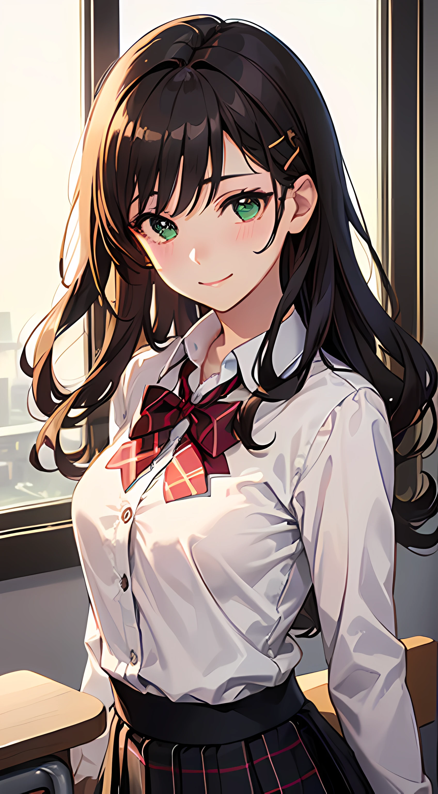 ((Tabletop, highest quality, High resolution, Hmph, Pixel Perfect, 4K, Hmph, Hmph))), One Girl, single, alone, beauty、The whole body is visible、 ((Mid-wave hair, bangs, Brown Hair)), ((Brown eyes, Beautiful eyelashes, Realistic eyes)), ((Detailed face, Blushing:1.2)), ((Smooth texture:0.75, Realistic texture:0.65, Realistic:1.1, Anime CG Style)), Center of chest, Dynamic Angle, Perfect body, ((Red bow tie, , , White shirt, Black plaid skirt)), classroom、、Very embarrassing panic smile, 、、(The wind flipped up her skirt, Sit on a chair、Get on one knee、Flip up your skirt with both hands、Her white and pink floral lace panties are completely visible)、Angle from below