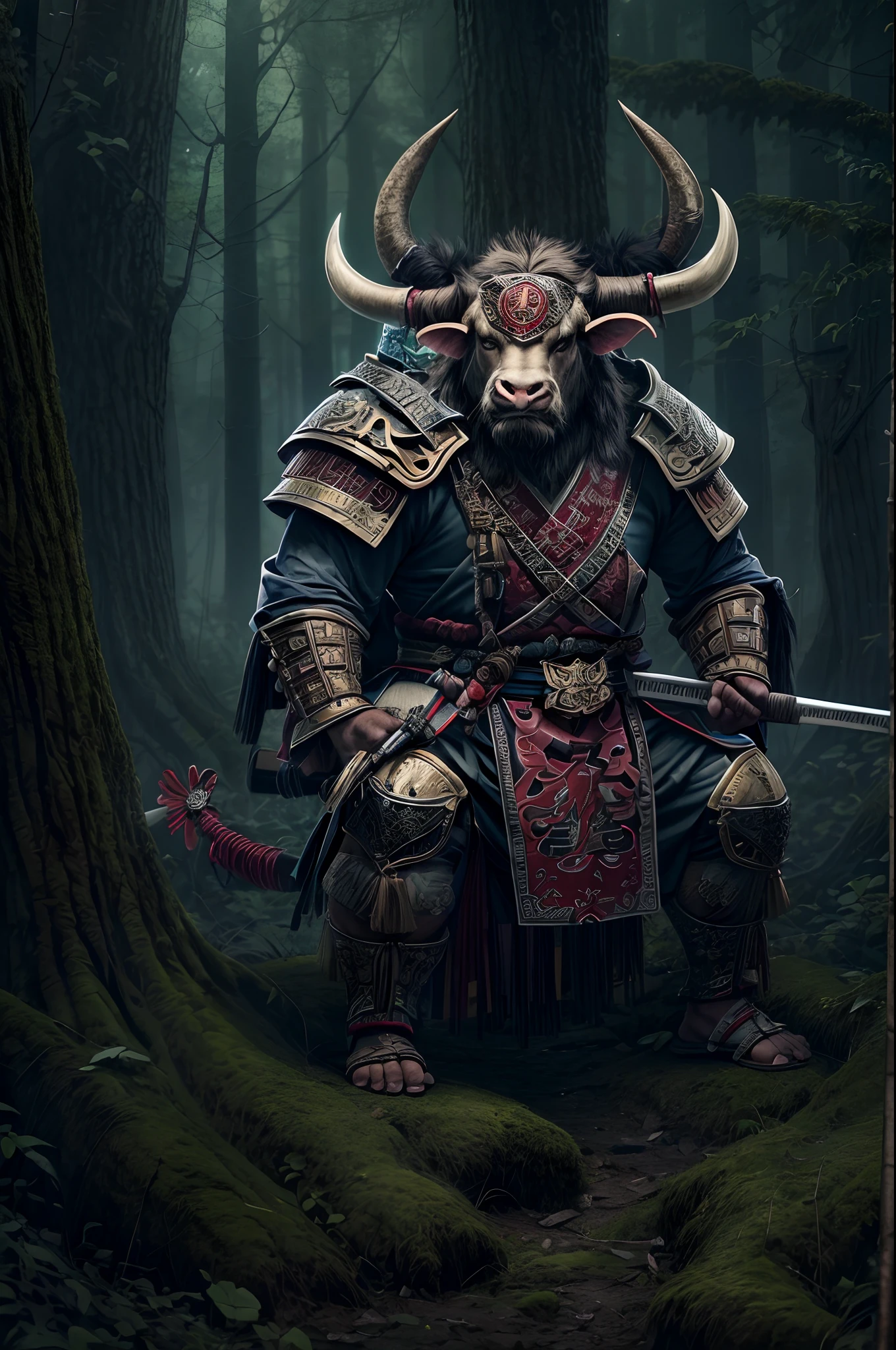 A Minotaurus with characteristic Bull's Head wearing Samurai Outfit in A Old Forest At Night, Warhammer,