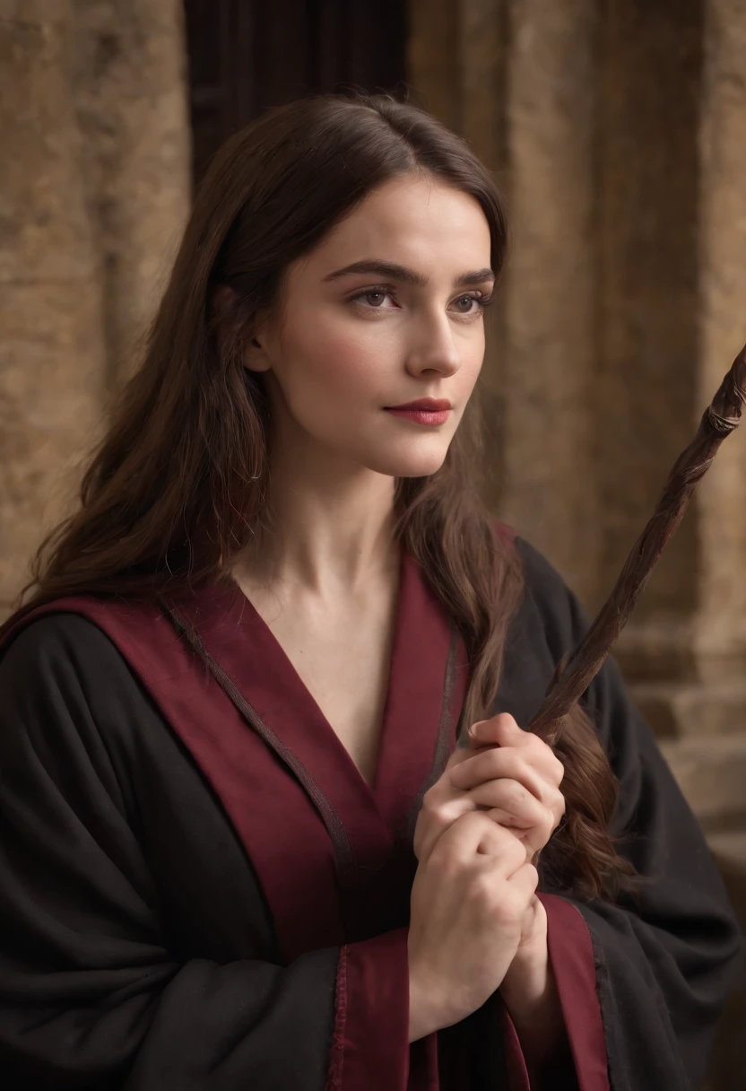 Arad woman in Harry Potter robes holding wands(medium close-up), wearing hogwarts,Robes,wearing black wizard robes, wearing wizard robes, Gryffindor, Magical school student uniform, magic school uniform, magic uniform university, academic clothing, wearing robes and neckties, Wizard robes, hogwarts style, wearing red sorcerer's robes, High quality clothing