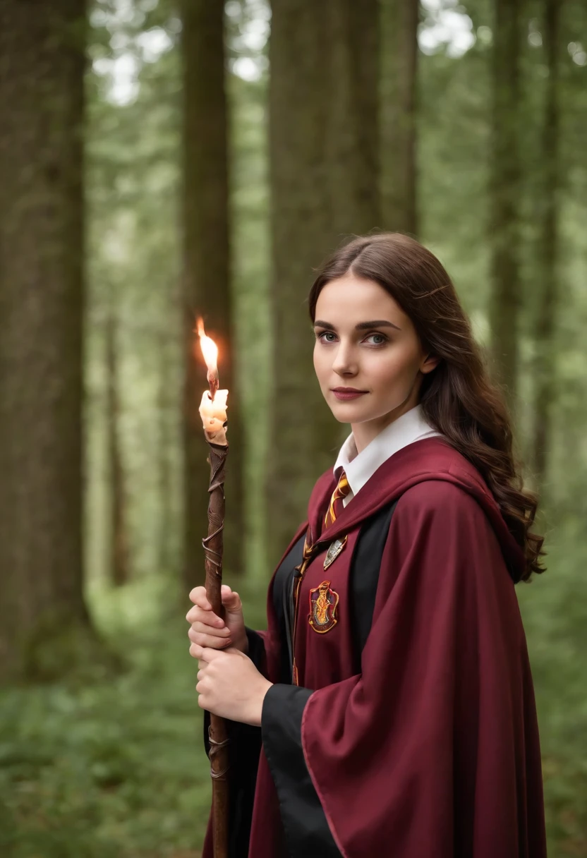 Arad woman in Harry Potter robes holding wands(medium close-up), wearing hogwarts,Robes,wearing black wizard robes, wearing wizard robes, Gryffindor, Magical school student uniform, magic school uniform, magic uniform university, academic clothing, wearing robes and neckties, Wizard robes, hogwarts style, wearing red sorcerer's robes, High quality clothing