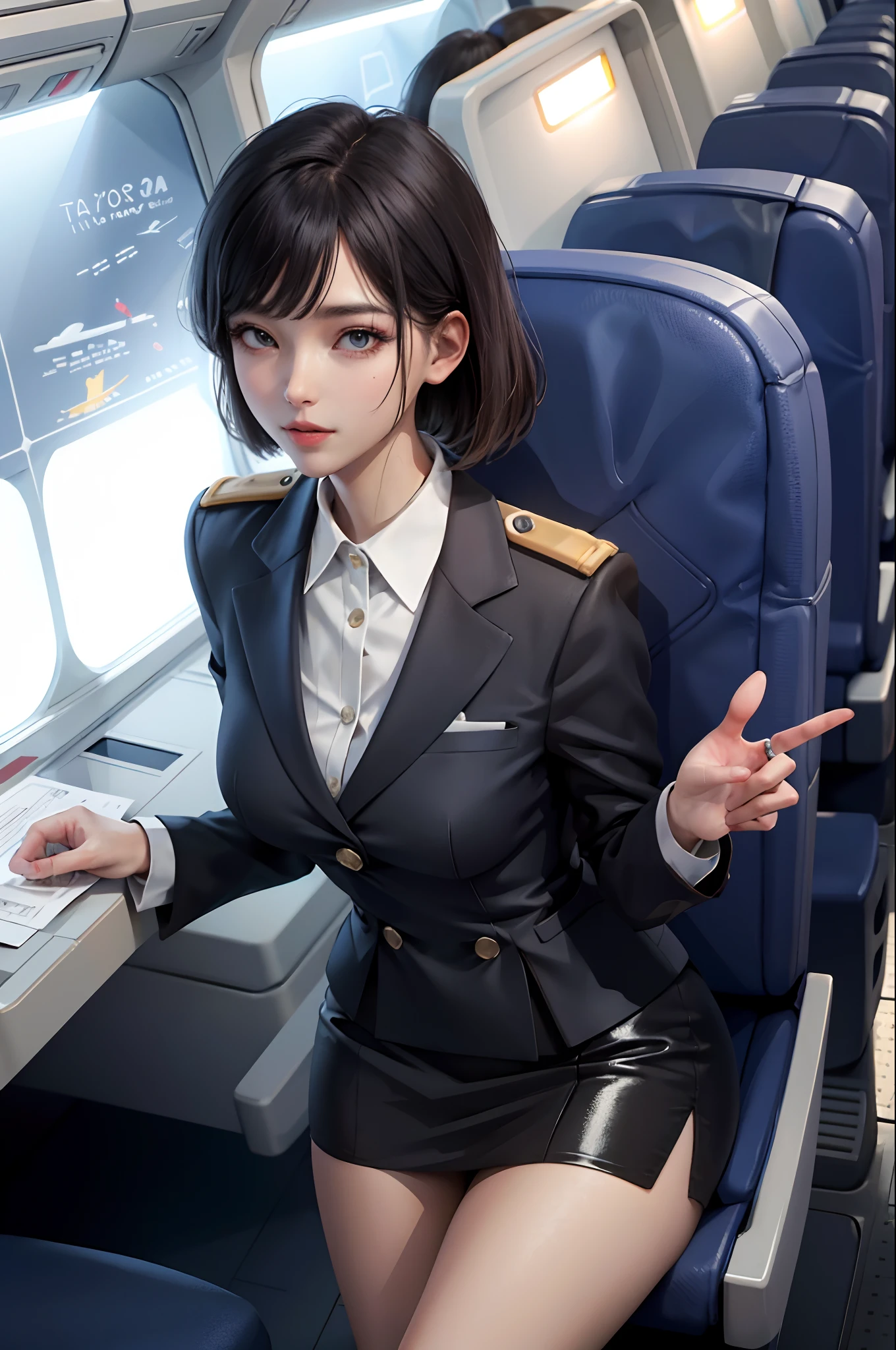 (masterpiece:1.2, best quality), 1lady, solo, Flight attendant, tight Uniform, perfect hands, Airplane, Serving passengers, Providing safety instructions, Responding to emergencies, bangs, (shiny skin:1.15),