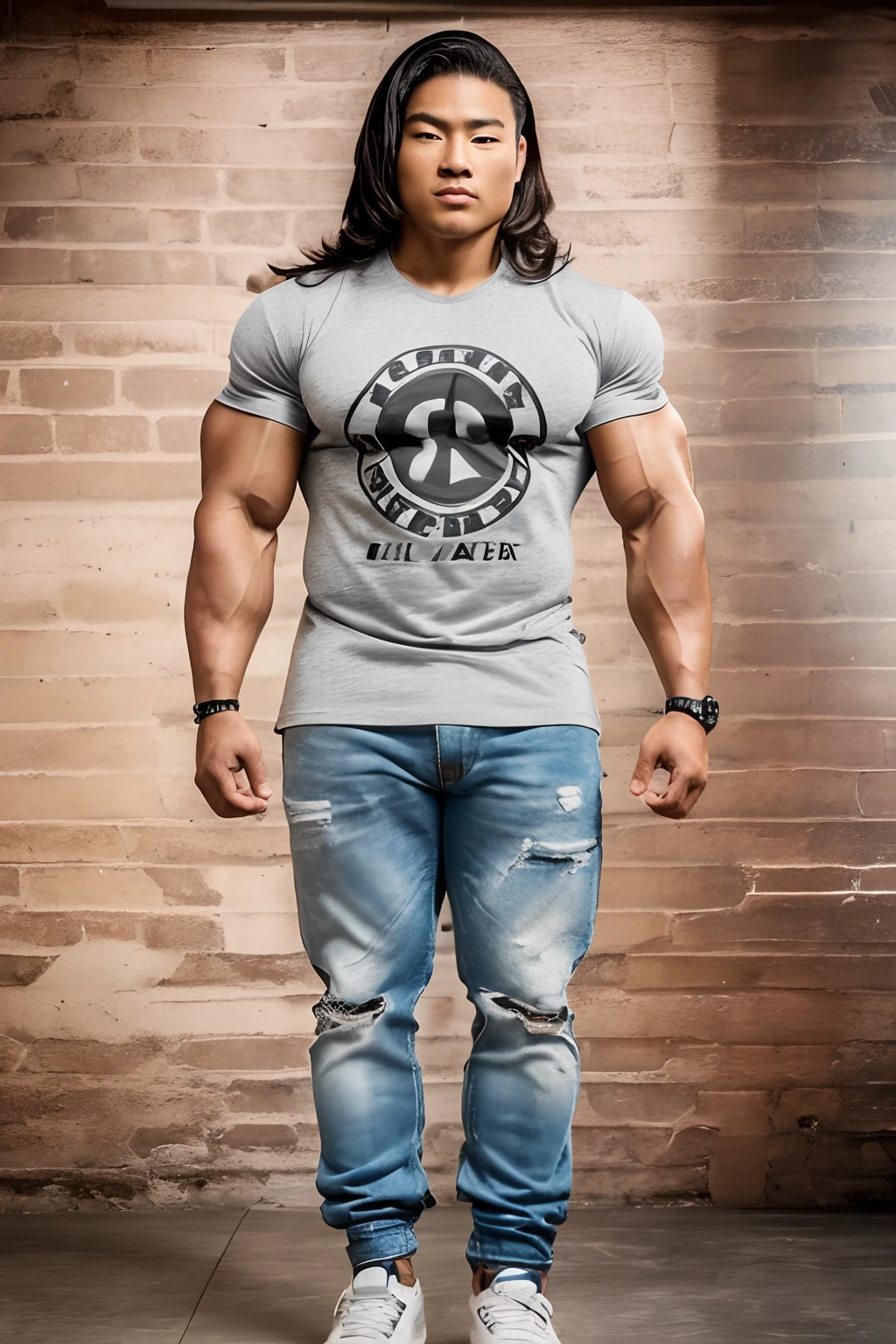 (Solo picture, posing shoot, female): (masculine female), asian female. Masculine body, female with muscles, very brolic. female body with muscles, asian female, big body like a body builder, bodybuilder body, big woman, thick muscles body, brolic, ((((Wearing a full T-SHIRT)))