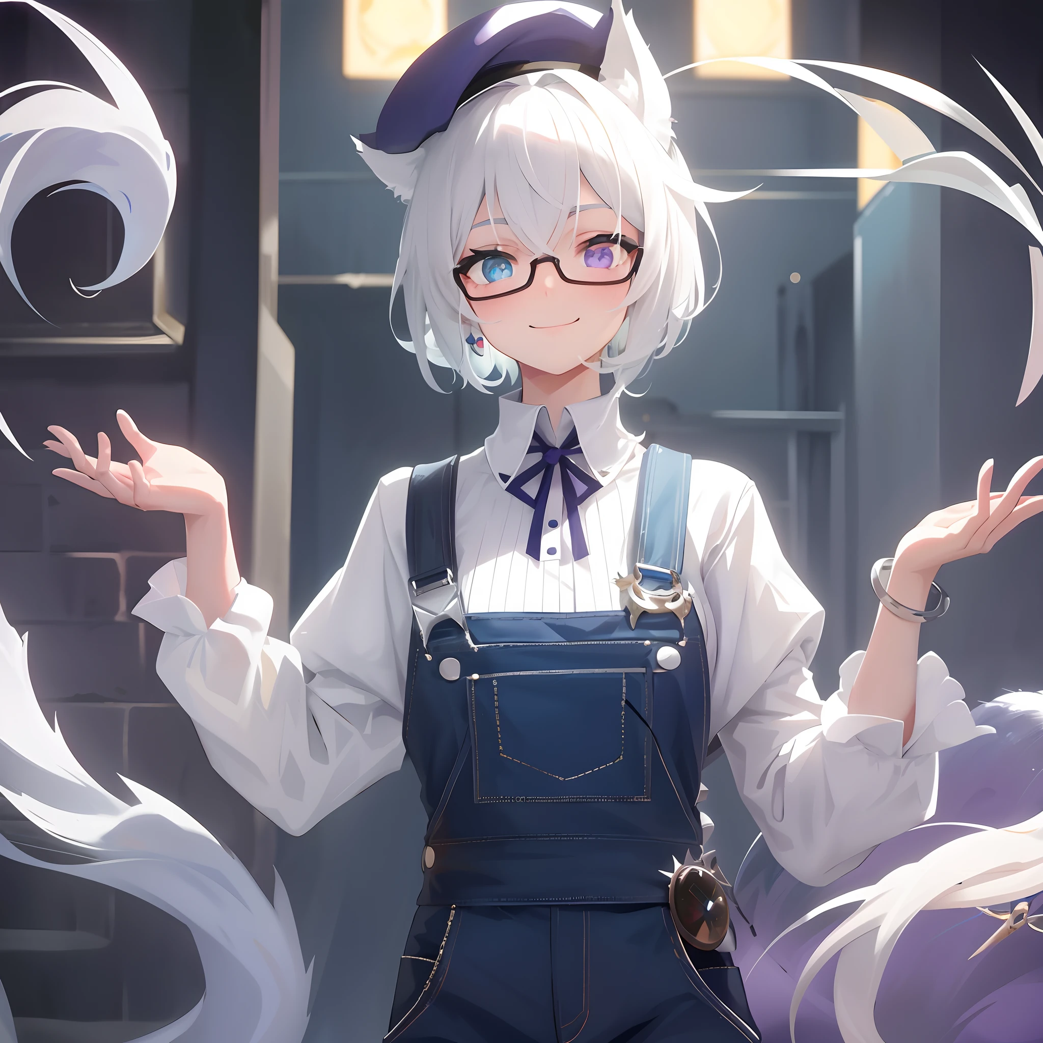 (Masterpiece, Best quality), 1girll, Solo, with short white hair, Wolf ears, Wolf tail, long eyebrow, Heterochromia, Redness of the right eye, blue eye on left eye, White shirt, Blue overalls, White-framed glasses, Left head purple berets, Neckbells, Light smile, fantasy, Castle