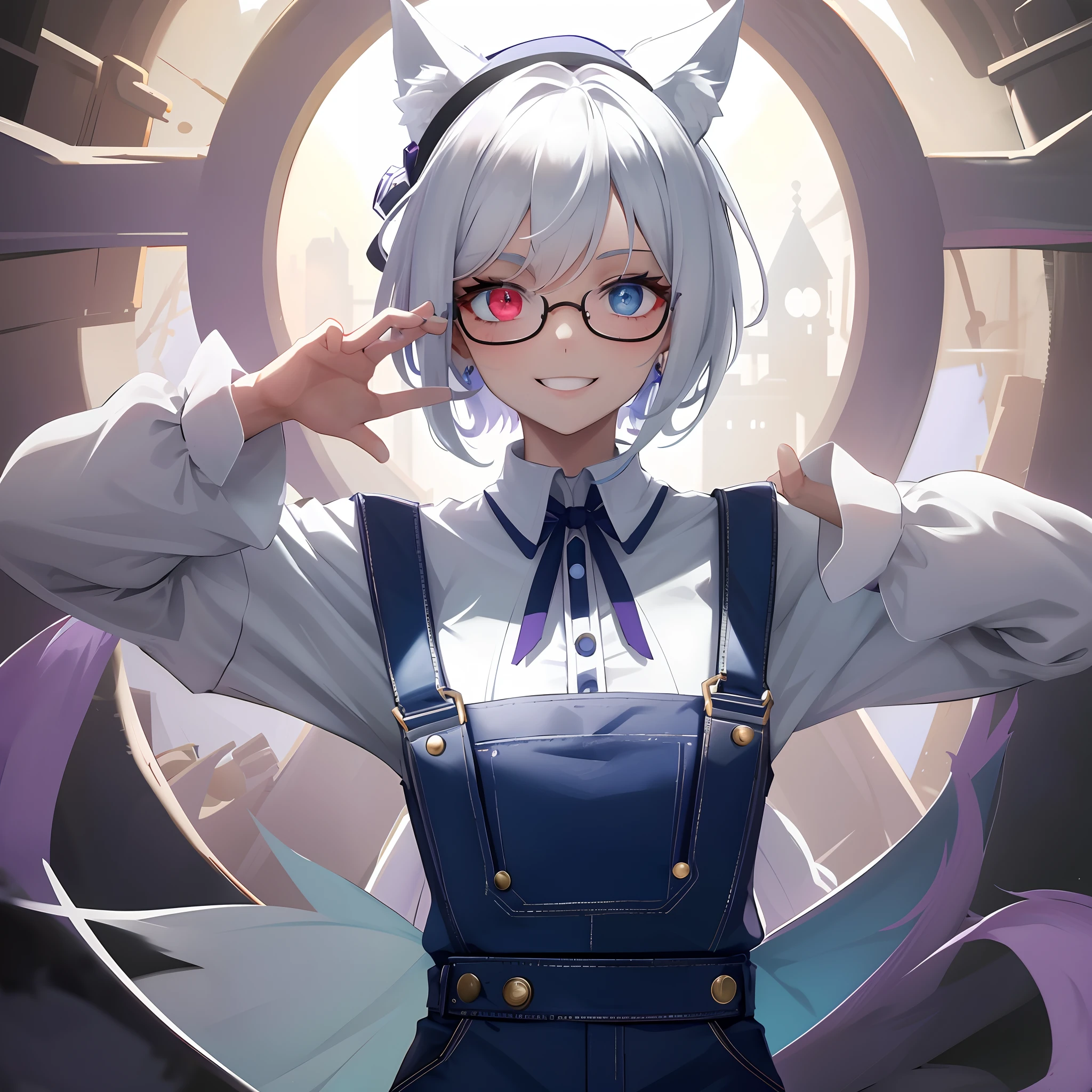 (Masterpiece, Best quality), 1girll, Solo, with short white hair, Wolf ears, Wolf tail, long eyebrow, Heterochromia, Redness of the right eye, blue eye on left eye, White shirt, Blue overalls, White-framed glasses, Left head purple berets, Neckbells, Light smile, fantasy, Castle