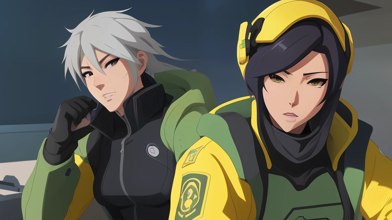 anime style picture of a woman in a yellow jacket and a man in a green helmet, overwatch style, ana from overwatch, overwatch inspired, overwatch character concept art, artwork in the style of guweiz, from overwatch, overwatch character, overwatch fanart, as an overwatch character, rossdraws cartoon vibrant, as overwatch character, lucio as a woman