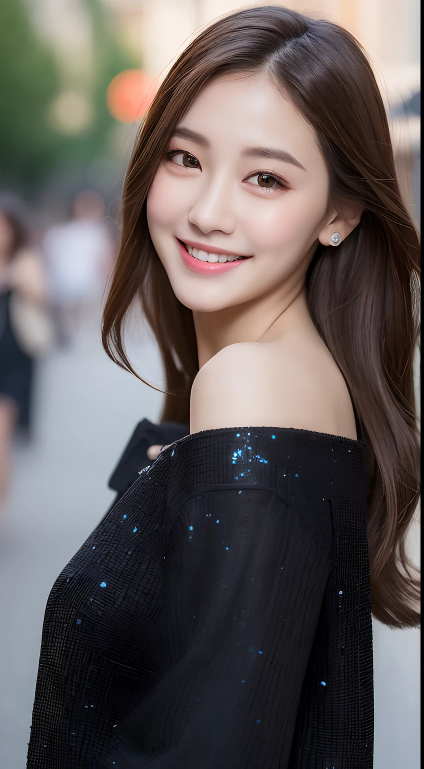 ((Best quality, 8k, Masterpiece :1.3)), 1girl, smiling, full body, slim face, Pretty woman, (Dark brown hair), full length dress :1.1, Ultra-detailed face, Detailed eyes, Double eyelid, blur background, slim face, city, outside, street,