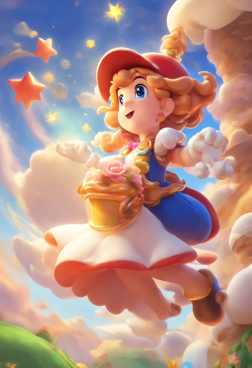 obra-prima, melhor qualidade, filme ainda, 1girl, garota nuvem, floating into the sky, close-up, brilhante, feliz, Soft lighting and Warm, sun sunset, (Sparks: 0,7),enorme conjunto de nuvens em espiral,elfa anime de cabelos vermelhos,staff raised towards the spiral, vista de perfil ,