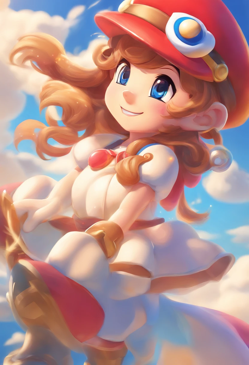 obra-prima, melhor qualidade, filme ainda, 1girl, garota nuvem, floating into the sky, close-up, brilhante, feliz, Soft lighting and Warm, sun sunset, (Sparks: 0,7),enorme conjunto de nuvens em espiral,elfa anime de cabelos vermelhos,staff raised towards the spiral,menina vista de perfil ,
