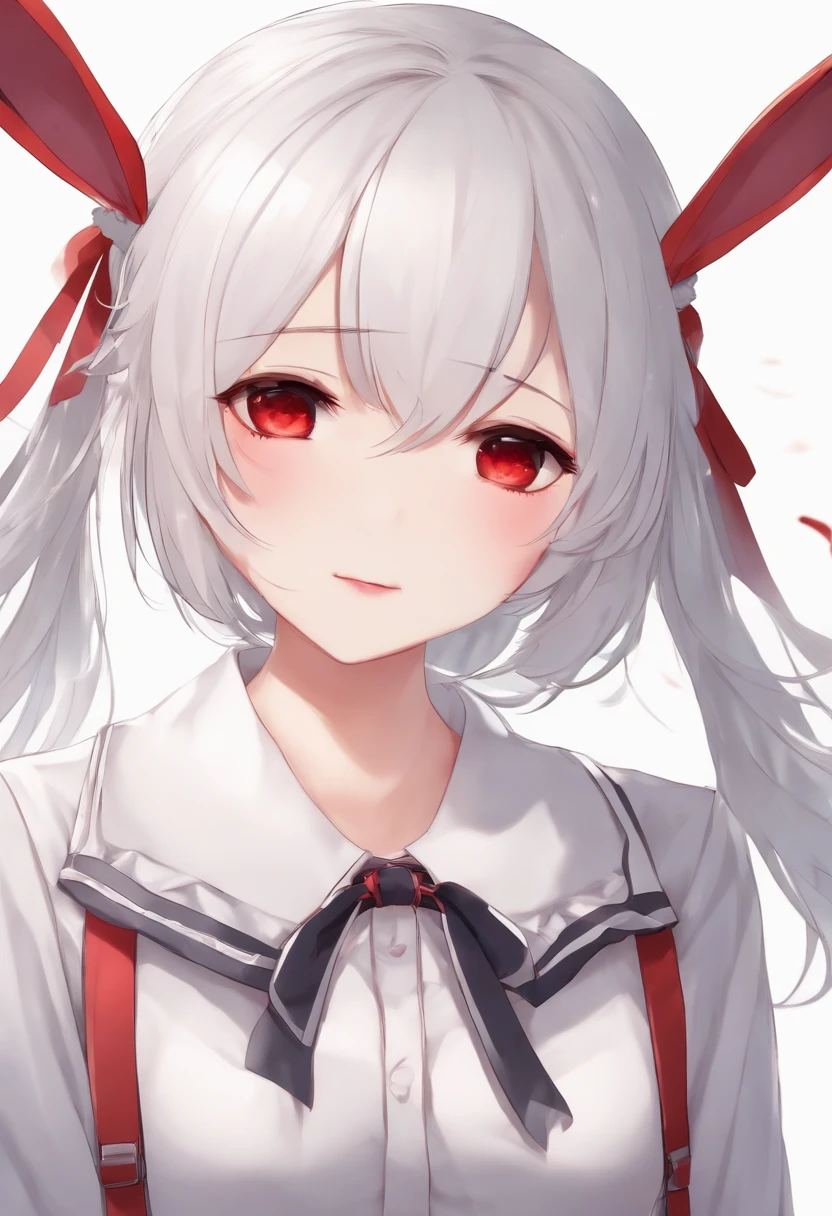 Anime girl with white hair bunny ears, Red eyes, Shy blush, school uniform