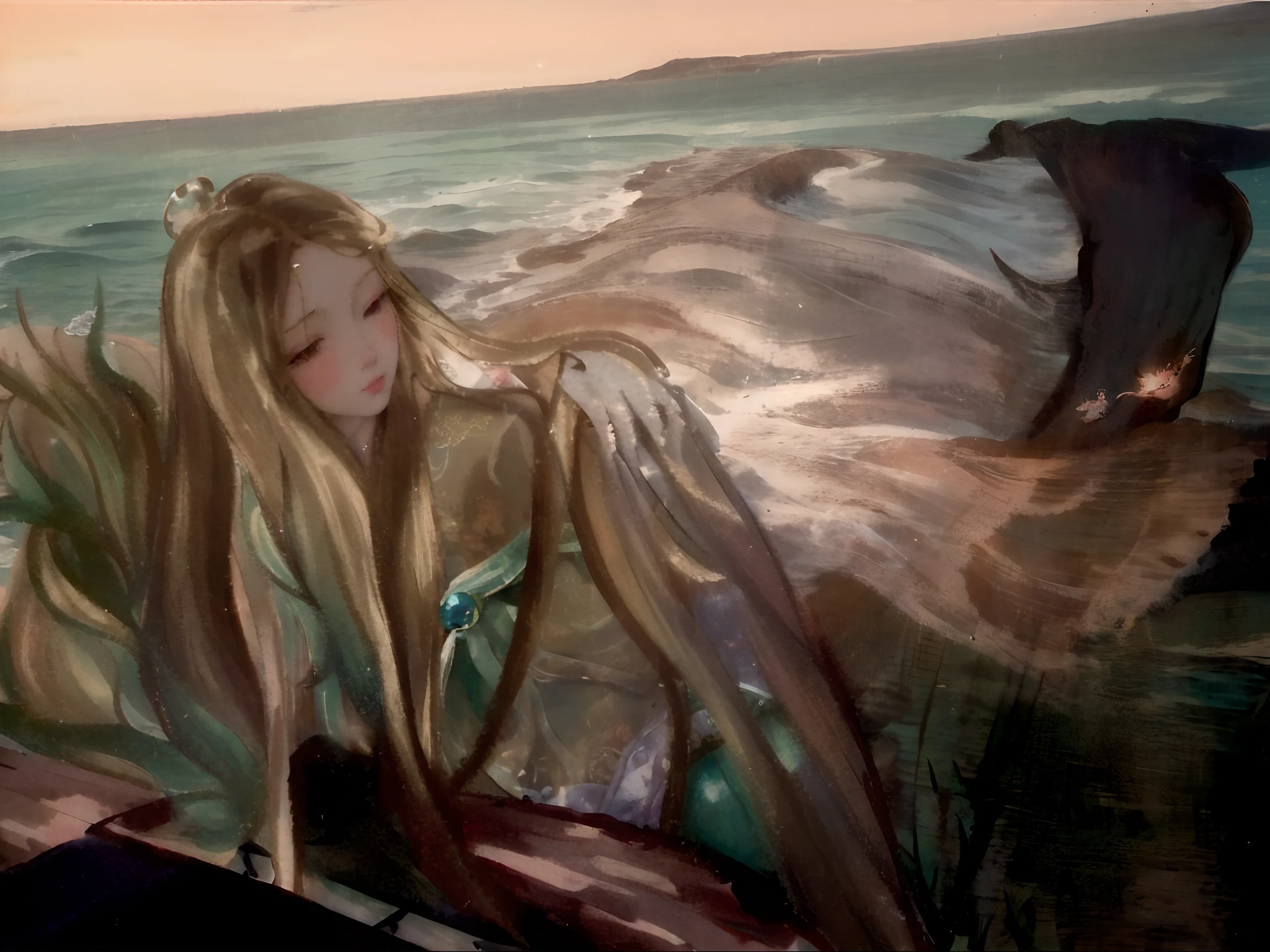 Painting of a long-haired woman and a bird on a fence, Remote siren, A mermaid in the sea, inspired by Mikhail Vrubel, inspired by Dorothea Tanning, inspired by William Blake, inspired by Arthur Merric Boyd, by Géza Udvary, inspired by Jan Toorop, Goddess of the sea, inspired by Matthijs Maris
