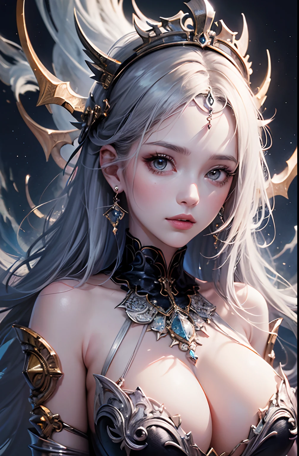 1girl, ((20years old)), (beautiful face), african, highres, ultra high quality, (hyperdetailed:1), (masterpiece, best quality), (intricate detail), (detailed), beautiful eyes, empress, white empress outfit, pearls, strings, very revealing, upper body, hard nipples, glittery, sparkles, jewelry, ((black background)), ((gigantic white dragon)), dragons, masterpiece,extremely best quality, official art, cg 8k wallpaper (Fantasy Style:1.1), (artistic atmosphere:1.2), (charming:1.5)