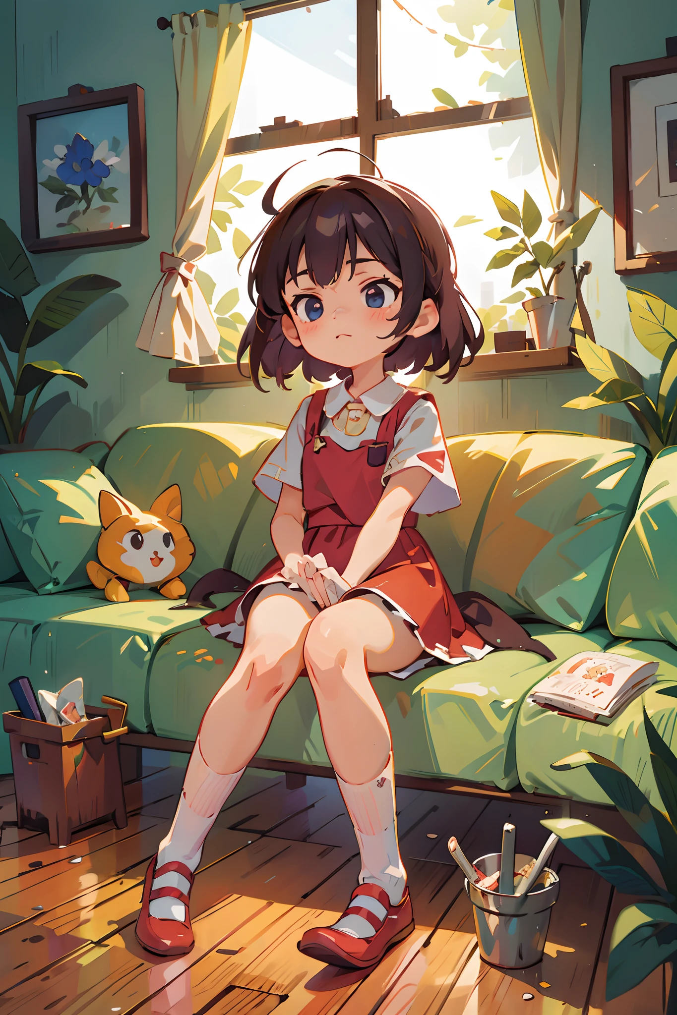 Best quality, Masterpiece,, illustration, the wallpaper,1girll, Solo,White shirt, Red skirt, Socks, double tails,at the lakes,Contemplative,