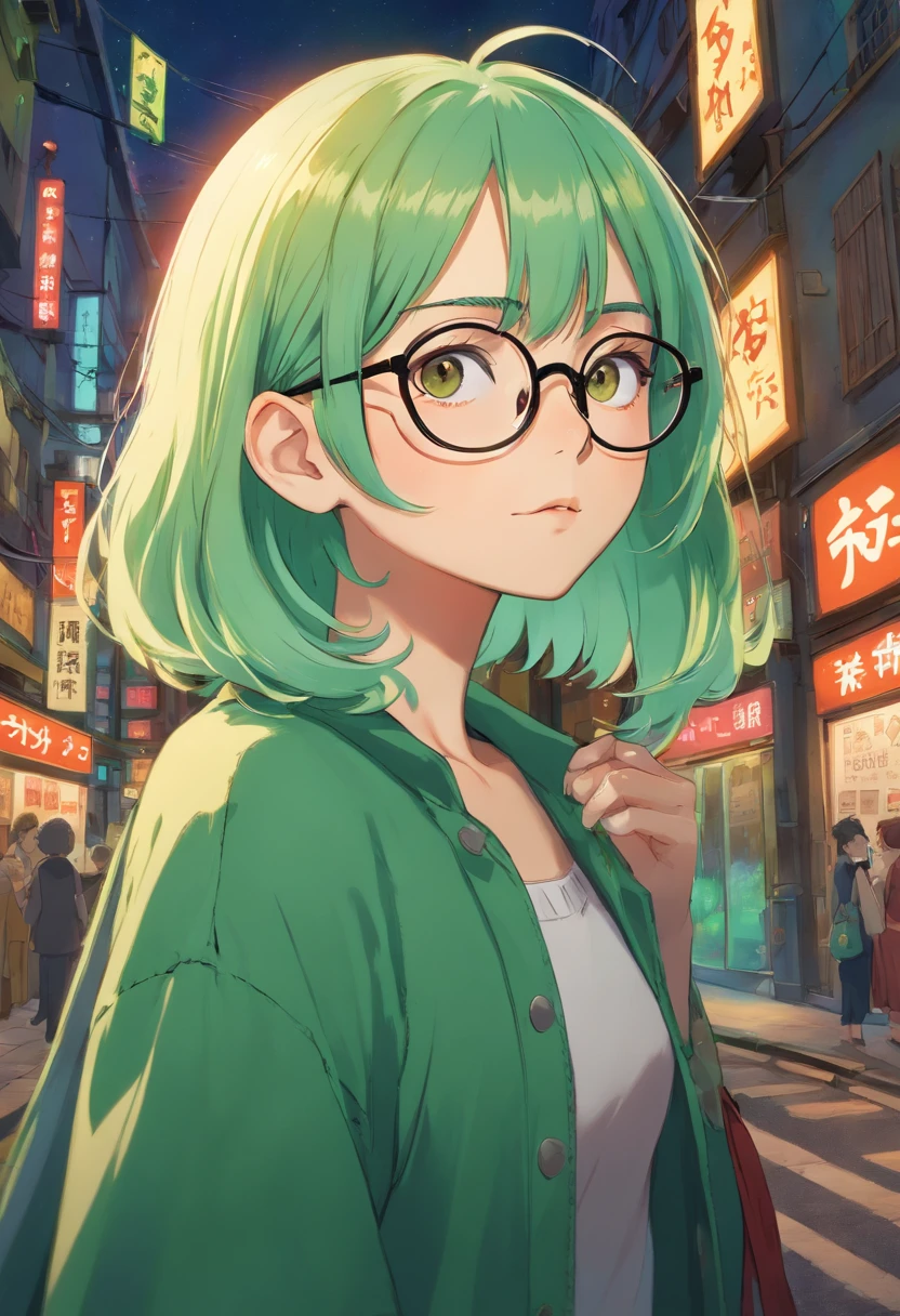 female with shaved green hair and glasses, gothic look