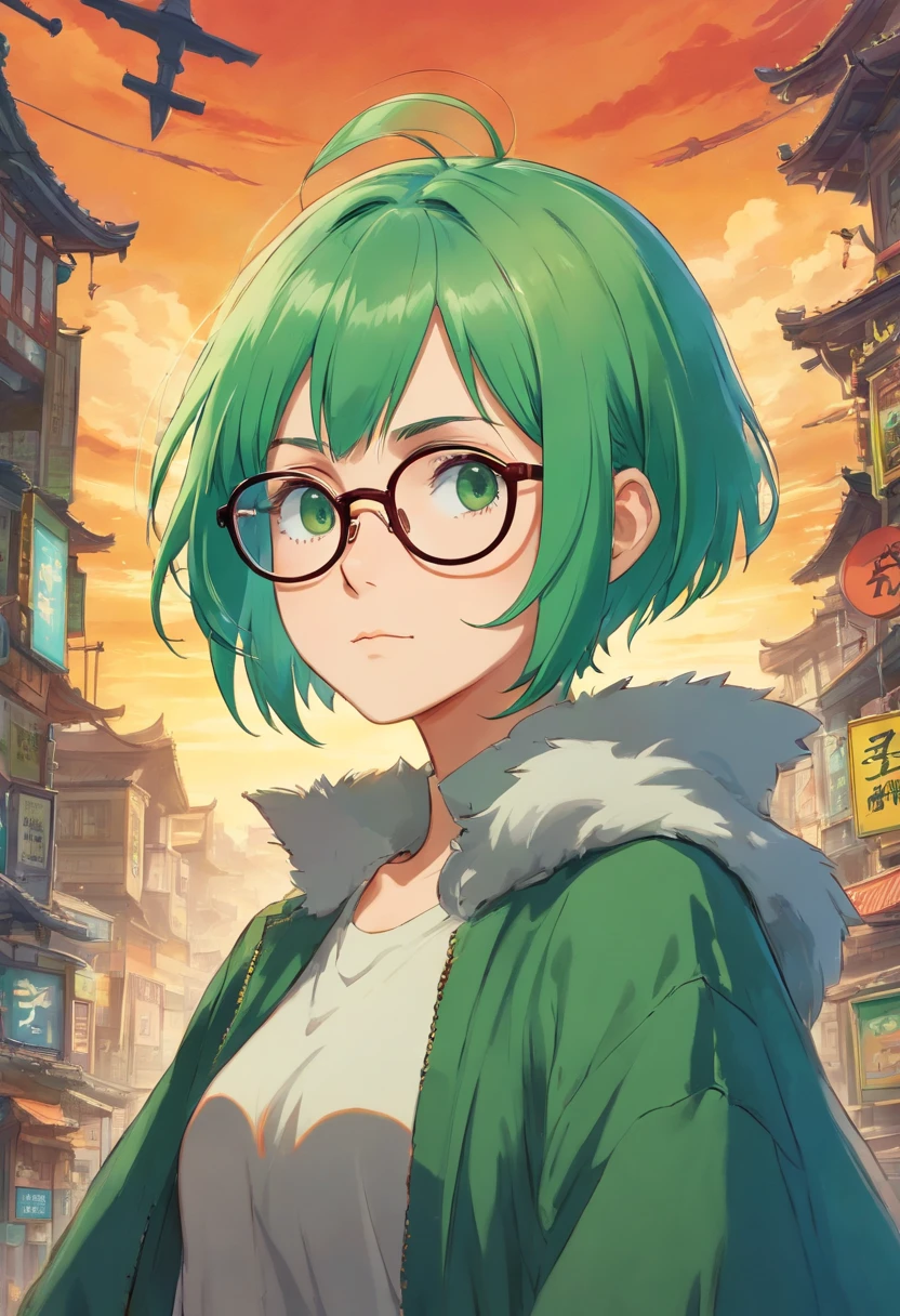 female with shaved green hair and glasses, gothic look