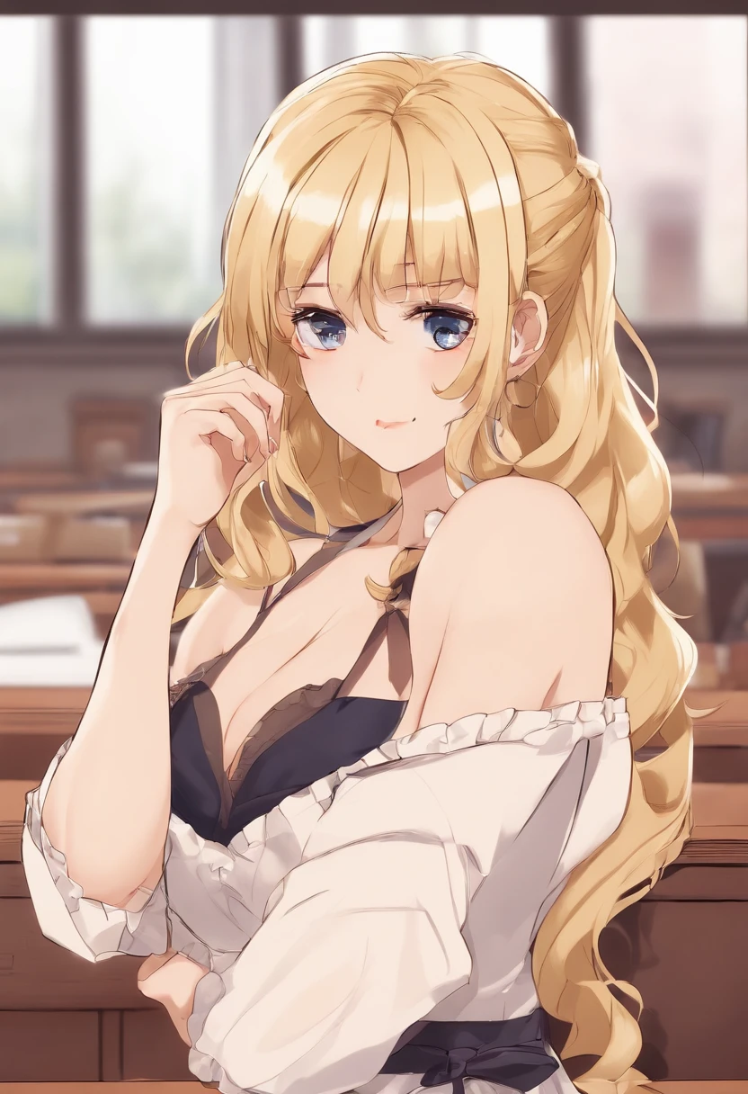 Anime blonde hair school teacher, in lingerie, in class