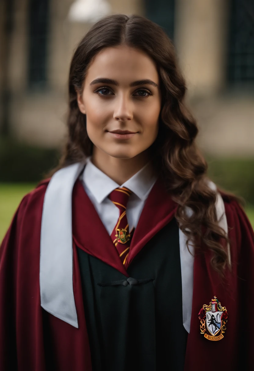 Arad woman in Harry Potter robes(medium close-up), wearing hogwarts,Robes,wearing black wizard robes, wearing wizard robes, Gryffindor, Magical school student uniform, magic school uniform, magic uniform university, academic clothing, wearing robes and neckties, Wizard robes, hogwarts style, wearing red sorcerer's robes, High quality clothing, (Canon EOS 5D Mark IV Camera, Famous for capturing vibrant colors and rich textures:1.2)