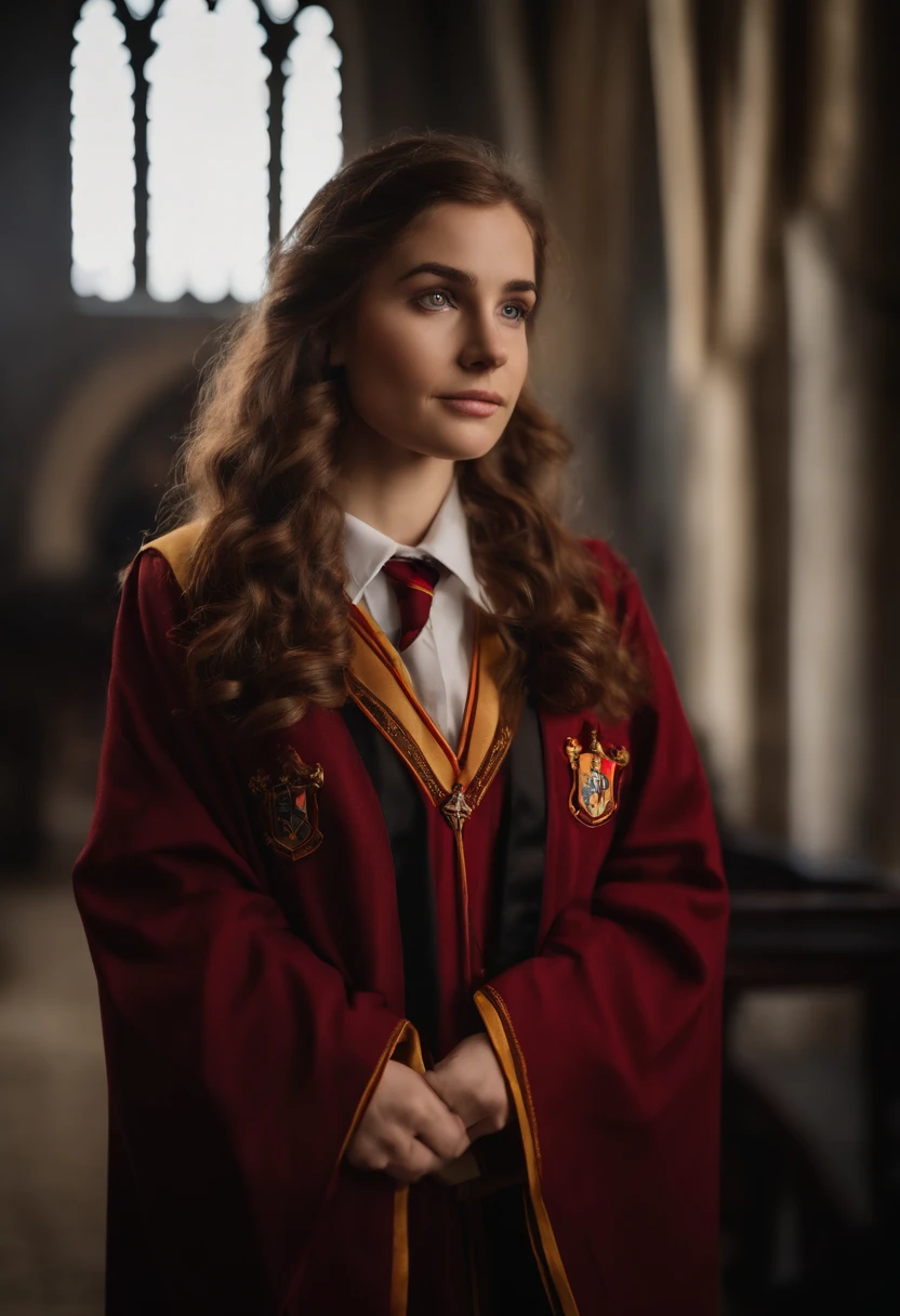Arad woman in Harry Potter robes(medium close-up), wearing hogwarts,Robes,wearing black wizard robes, wearing wizard robes, Gryffindor, Magical school student uniform, magic school uniform, magic uniform university, academic clothing, wearing robes and neckties, Wizard robes, hogwarts style, wearing red sorcerer's robes, High quality clothing, (Canon EOS 5D Mark IV Camera, Famous for capturing vibrant colors and rich textures:1.2)