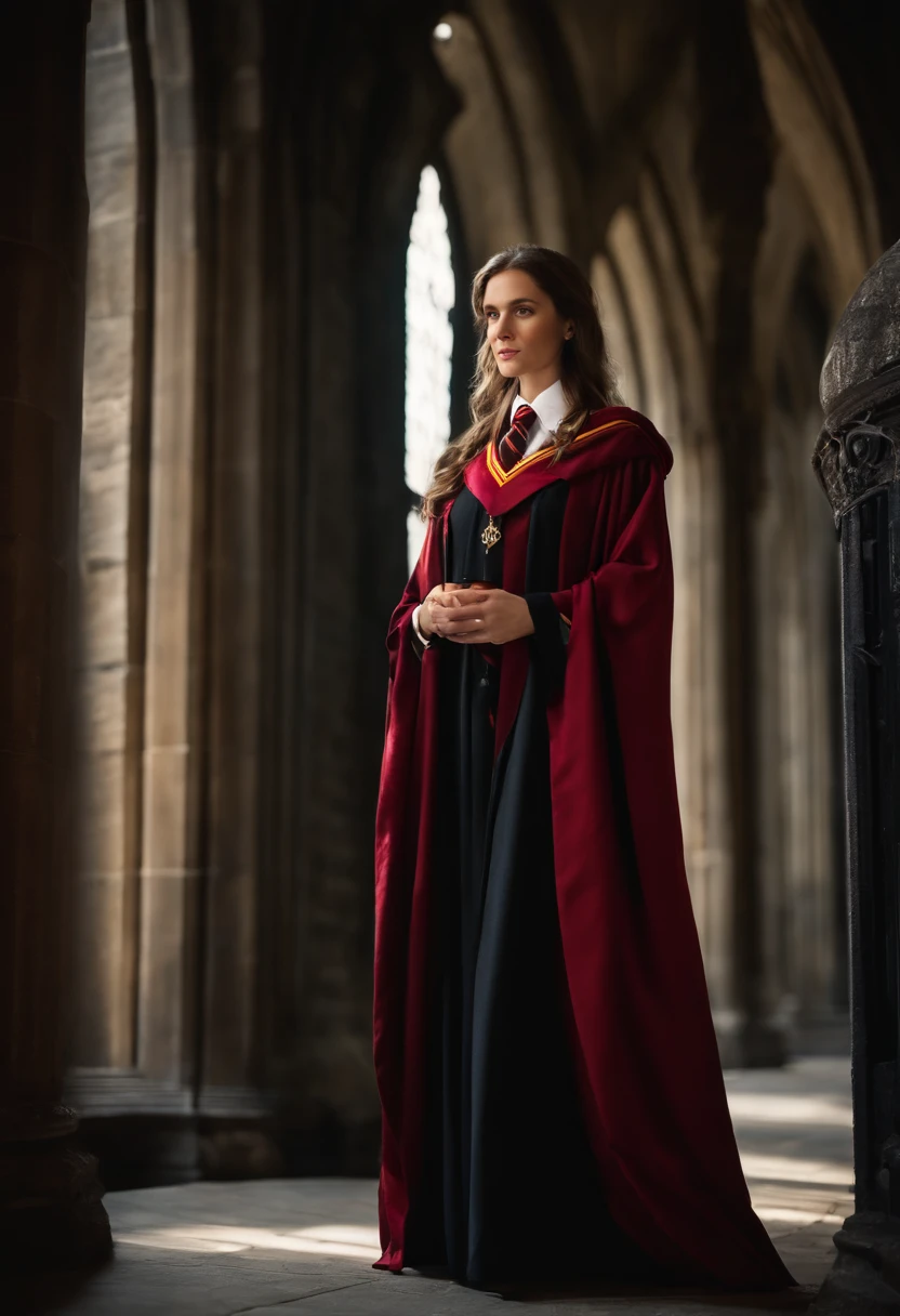 Arad woman in Harry Potter robes(medium close-up), wearing hogwarts,Robes,wearing black wizard robes, wearing wizard robes, Gryffindor, Magical school student uniform, magic school uniform, magic uniform university, academic clothing, wearing robes and neckties, Wizard robes, hogwarts style, wearing red sorcerer's robes, High quality clothing, (Canon EOS 5D Mark IV Camera, Famous for capturing vibrant colors and rich textures:1.2)