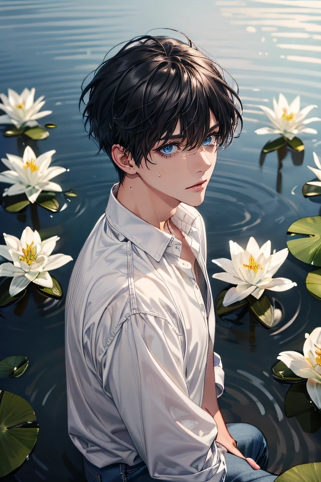 (absurdres, highres, ultra detailed), 1 mature male (short black Quiff hair with Soft Fringe, bangs part on side 3:7 ratio) (blue eyes), handsome, tall muscular guy, mature, (The pond is filled with white lily flowers), A man lying on back comfortably in it, from directly above, (white shirt, jeans), wet, colorful, artistic, depth of field, focus on his calm facial features, detailed light, detailed shadow, detailed background.