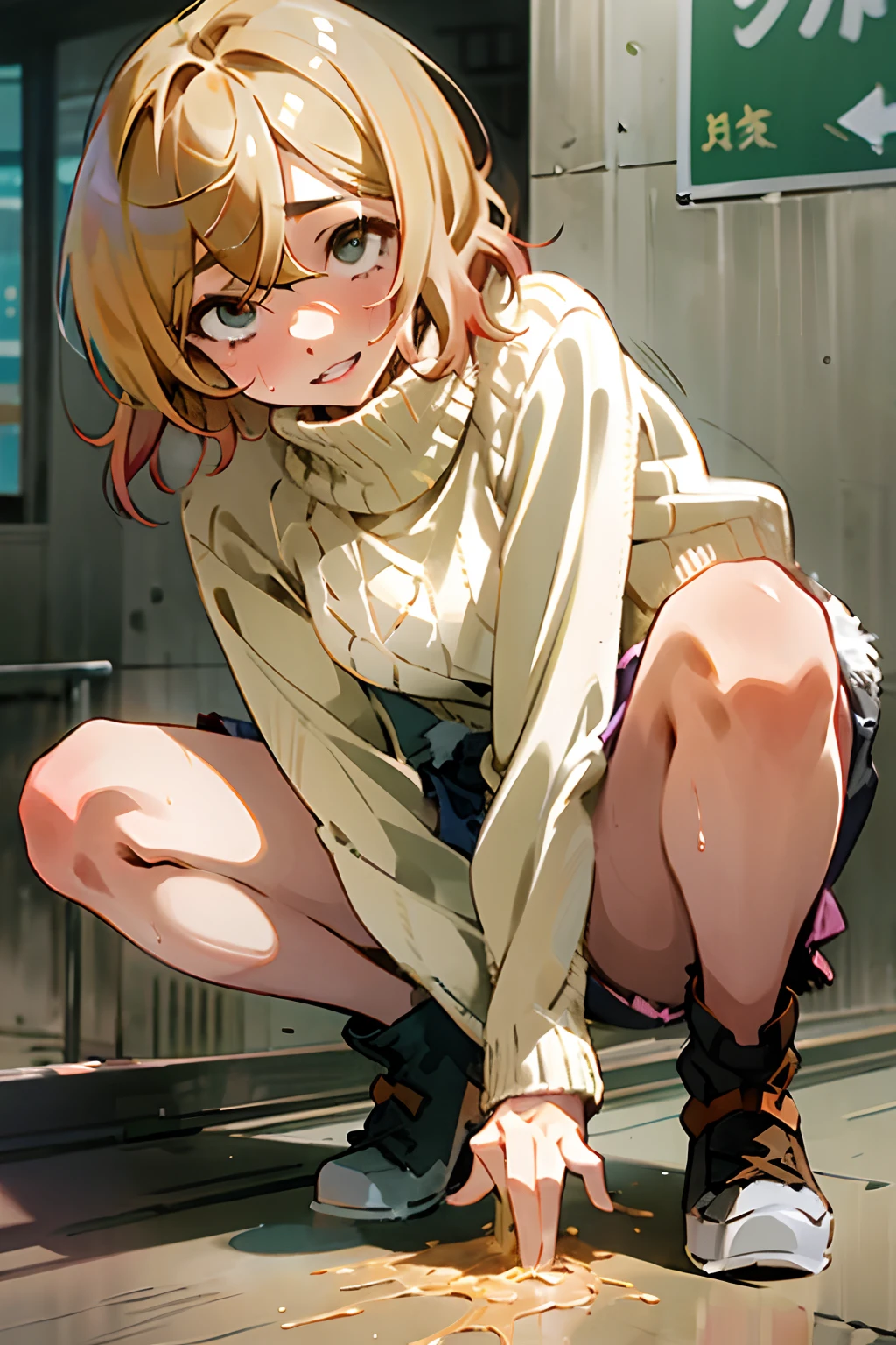 Masterpiece, Best quality, A high resolution, Kitagawa Marin, 1girll, with short golden hair, Long hair,（The vaginal lips can be seen through the underwear：1.5）， One-piece beige sweater, Beige turtleneck skinny sweater，Toothy smile， Be red in the face，Shy，裸露的女生, the street，squatting on the ground，spread their legs，Wearing sweat，（Girl leaking urine）