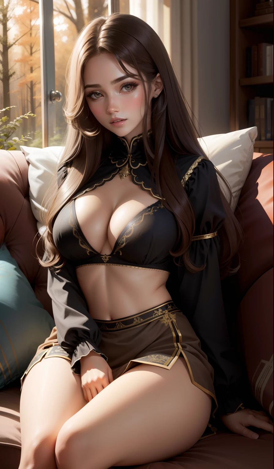 Very beautiful European woman perfect body b cup long brown hair seductively sitting on the couch in forest