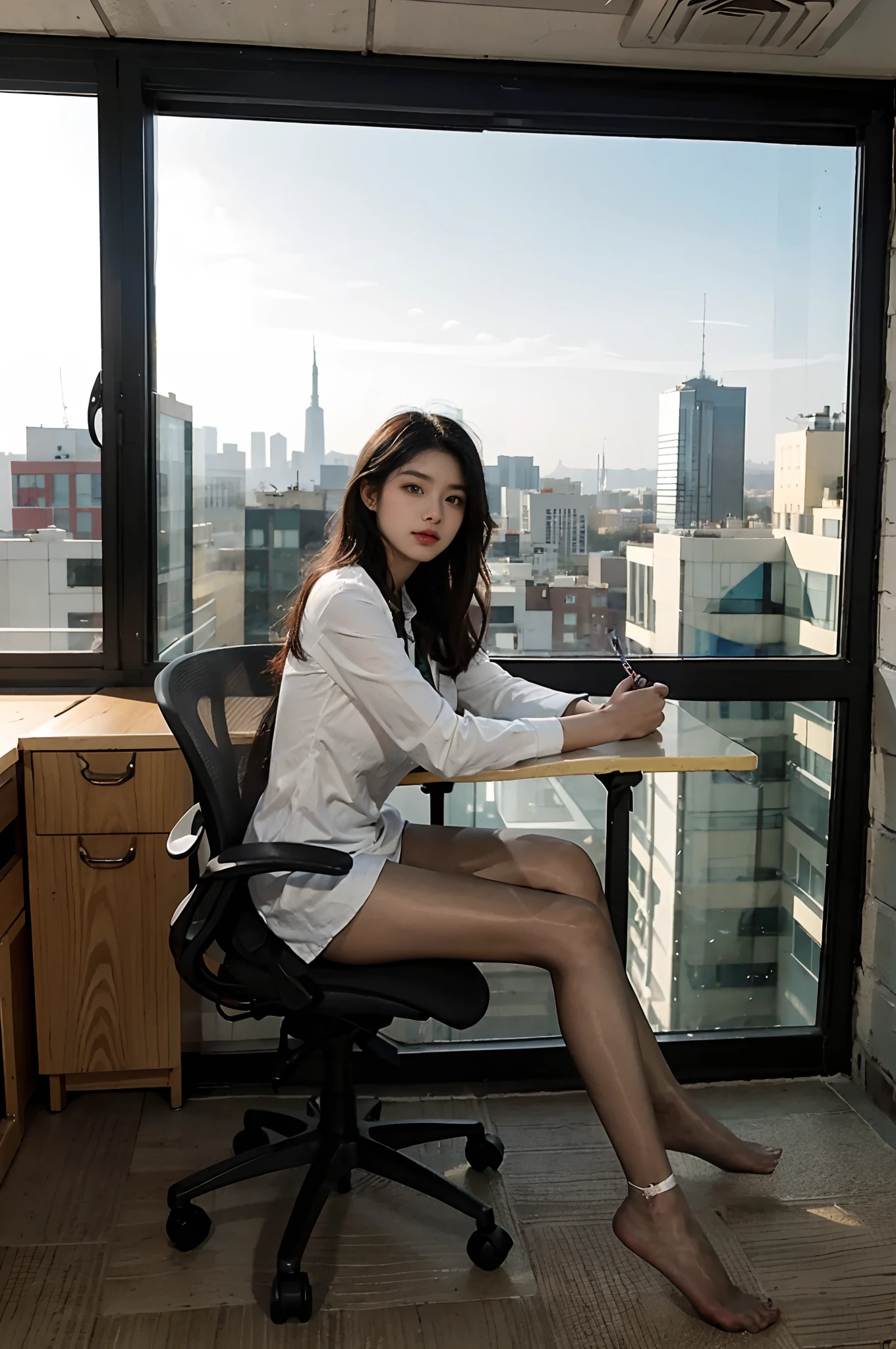 Best quality,超高分辨率,1girll,Solo,full bodyesbian,Snow,City,, Blue hair,Green eyes,JK,school uniform,