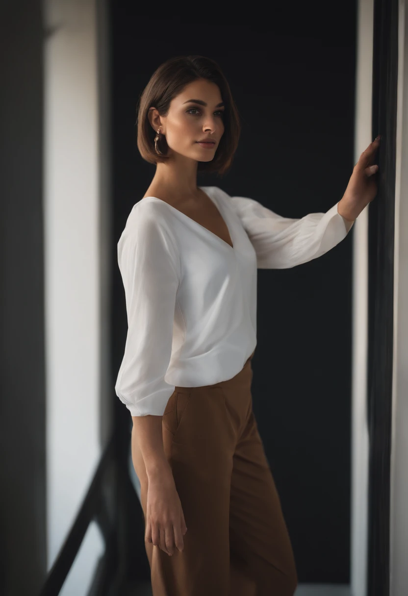 [beautiful woman with short hair, black hair, slanted eyes, symmetrical face, brown eyes ], Cinematic, Photoshoot, Shot on 25mm lens, Depth of Field, Tilt Blur, Shutter Speed 1/1000, F/22, White Balance, 32k, Super-Resolution, Pro Photo RGB, Half rear Lighting, Backlight, Dramatic Lighting, Incandescent, Soft Lighting, Volumetric, Conte-Jour, Global Illumination, Screen Space Global Illumination, Scattering, Shadows, Rough, Shimmering, Lumen Reflections, Screen Space Reflections, Diffraction Grading, Chromatic Aberration, GB Displacement, Scan Lines, Ambient Occlusion, Anti-Aliasing, FKAA, TXAA, RTX, SSAO, OpenGL-Shader’s, Post Processing, Post-Production, Cell Shading, Tone Mapping, CGI, VFX, SFX, insanely detailed and intricate, hyper maximalist, elegant, dynamic pose, photography, volumetric, ultra-detailed, intricate details, super detailed, ambient –uplight –v 4 –q 2