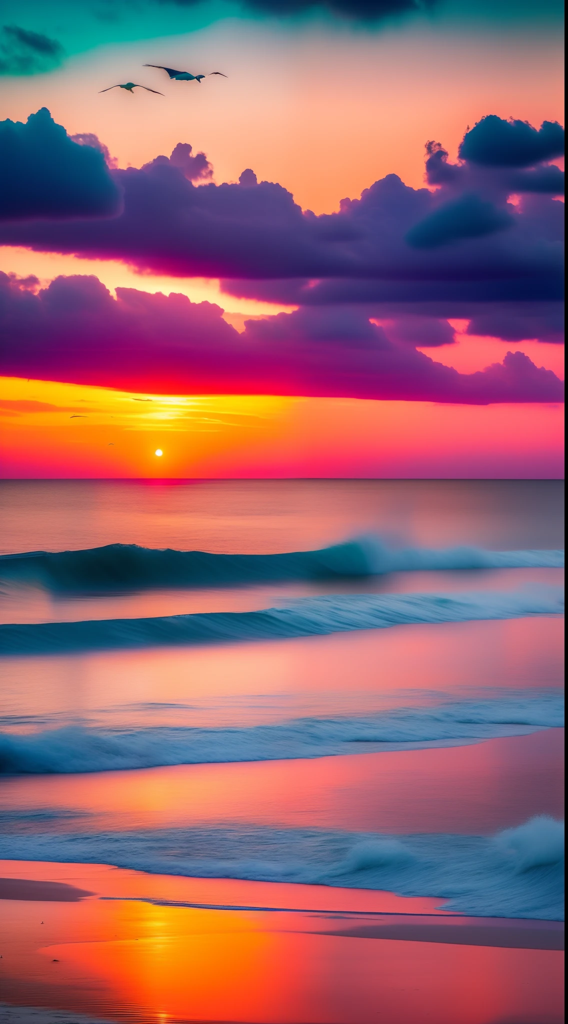 An absolutely mesmerizing sunset on the beach, with a mix of orange, pink, and yellow in the sky. The water is crystal clear, gently kisses the coast, and the white sand is endless. The scene is dynamic and breathtaking, with seagulls soaring high in the sky and palm trees swaying softly. Immerse yourself in the calm atmosphere and let the serenity surround you.