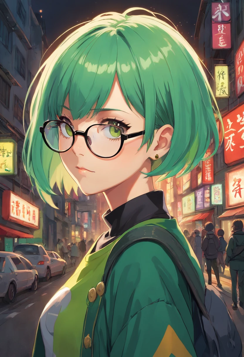 female with short shaved green hair and glasses, wearing goth punk clothing