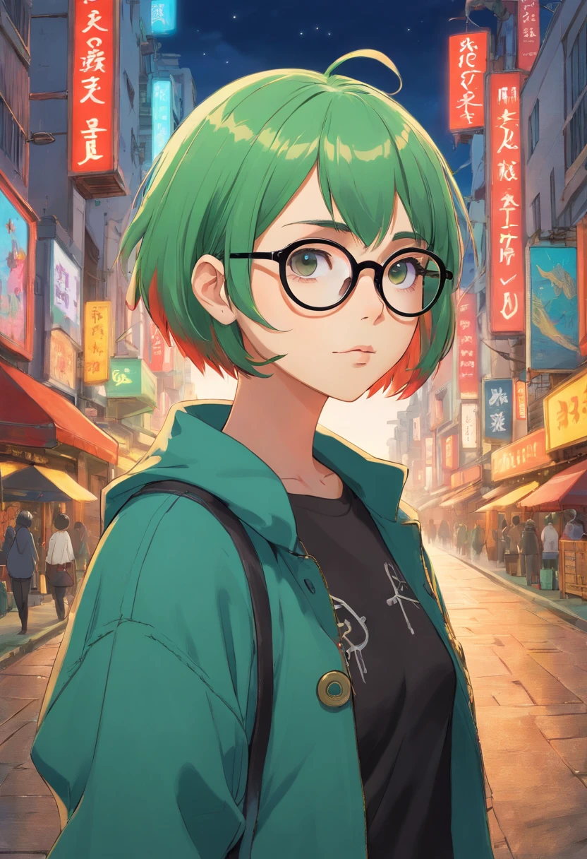 female with short shaved green hair and glasses, wearing goth punk clothing