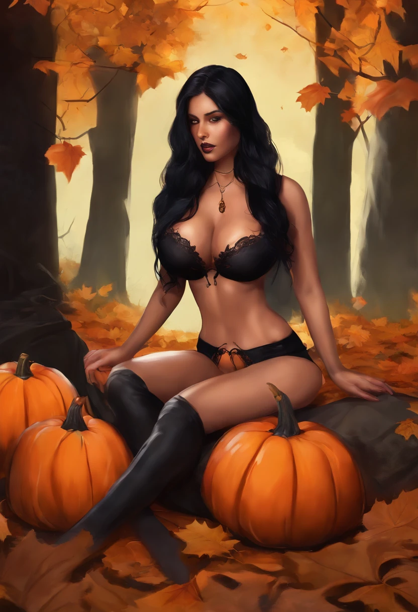 Girl sitting with pumpkins,leafs on ground, naked, tits, side boob, big booty, playing pussy, dark lit, black candles, thin stomach, big hips, long black hair, cloths off, porn