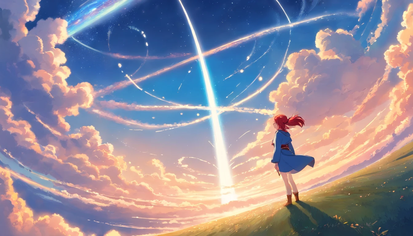 enorme aglomerado de nuvens em espiral,Red-haired elf looking up at the sky, cajado dourado emitindo luz azul,Staff raised high towards the huge spell that is forming