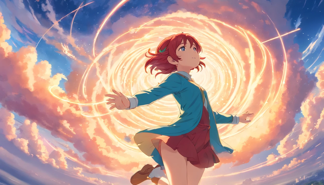 enorme aglomerado de nuvens em espiral,Red-haired elf looking up at the sky, cajado dourado emitindo luz azul,Staff raised high towards the huge spell that is forming