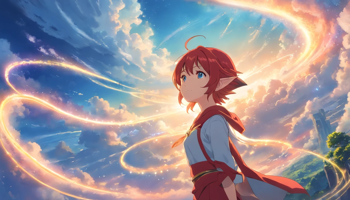 enorme aglomerado de nuvens em espiral,Red-haired elf looking up at the sky, cajado dourado emitindo luz azul,Staff raised high towards the huge spell that is forming