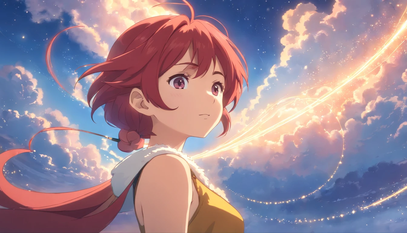 enorme aglomerado de nuvens em espiral,Red-haired elf looking up at the sky, cajado dourado emitindo luz azul,Staff raised high towards the huge spell that is forming