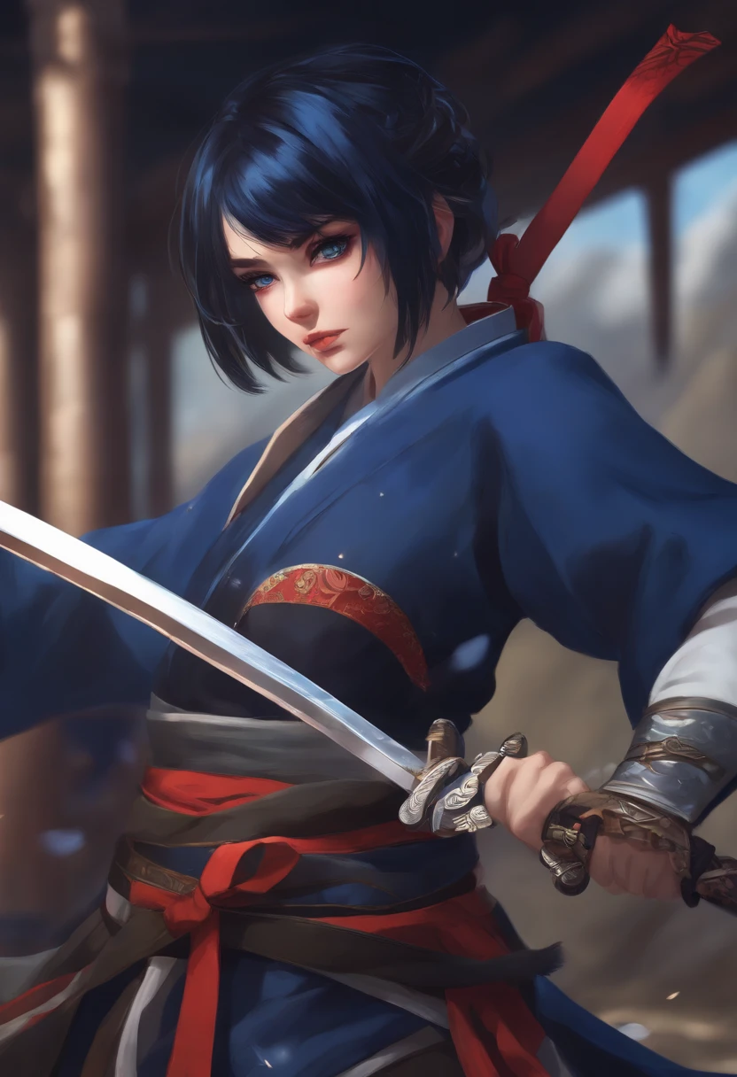 (best quality,highres),anime girl, swordsman, cold expression, short hair, dark blue hair, blue eyes, beautiful, samurai outfit, vibrant colors, cartoon girl