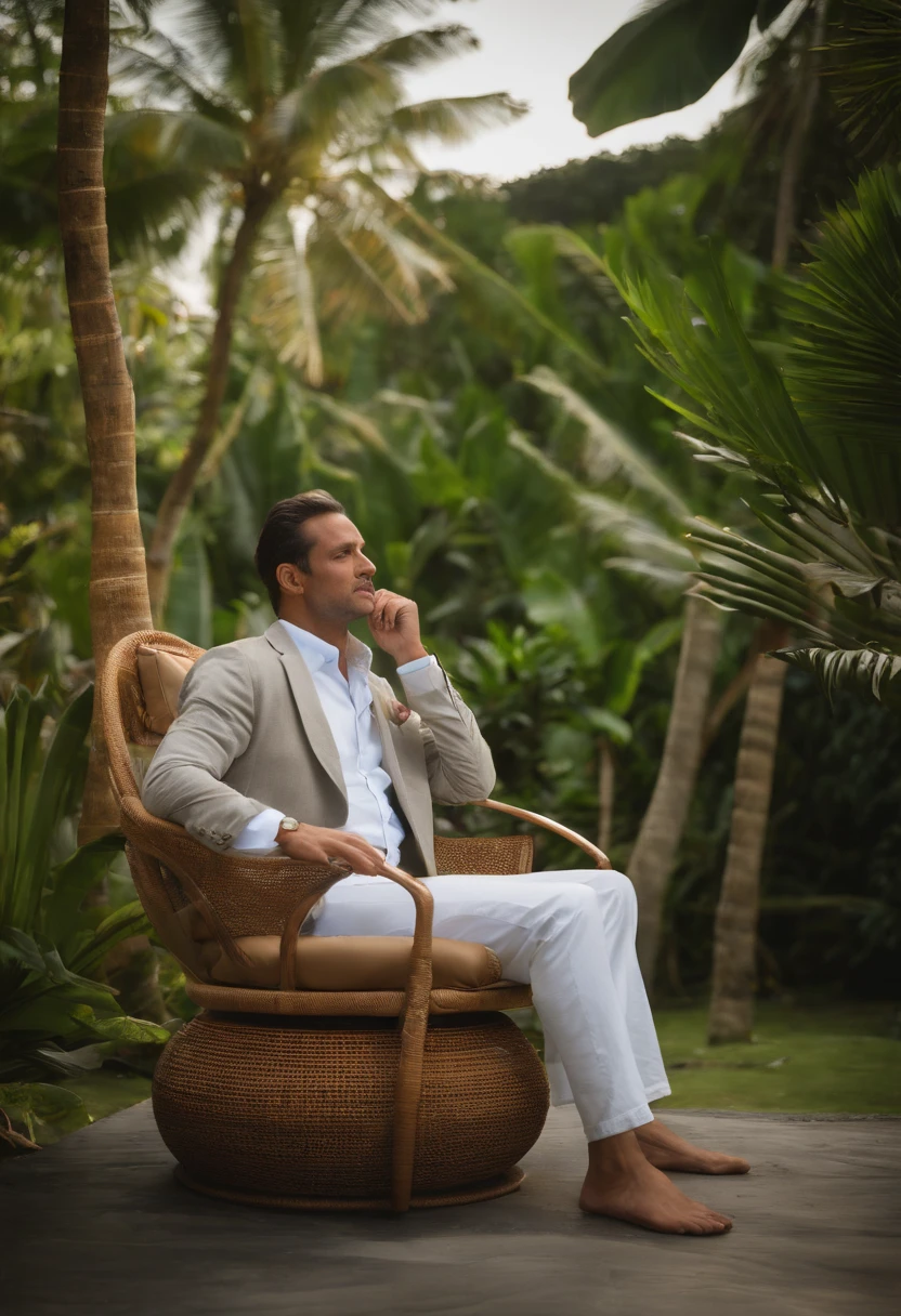 Use the chair shown in the picture I uploaded - a man is relaxing on the island of Bali, sitting on this chair, the chair is swaying, the chair is made of environmentally friendly material. He feels like he’s in the forest, but the man is sitting at home behind the glass, looking at the palm tree outside the windows.