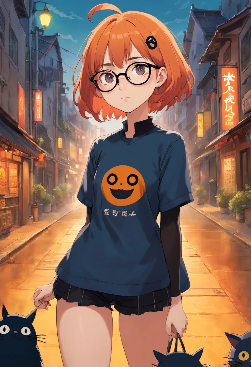 female with short shaved oraange hair and glasses, wearing goth punk clothing