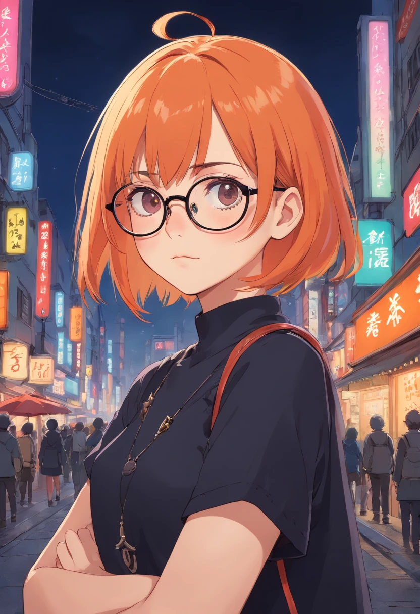 female with short shaved oraange hair and glasses, wearing goth punk clothing