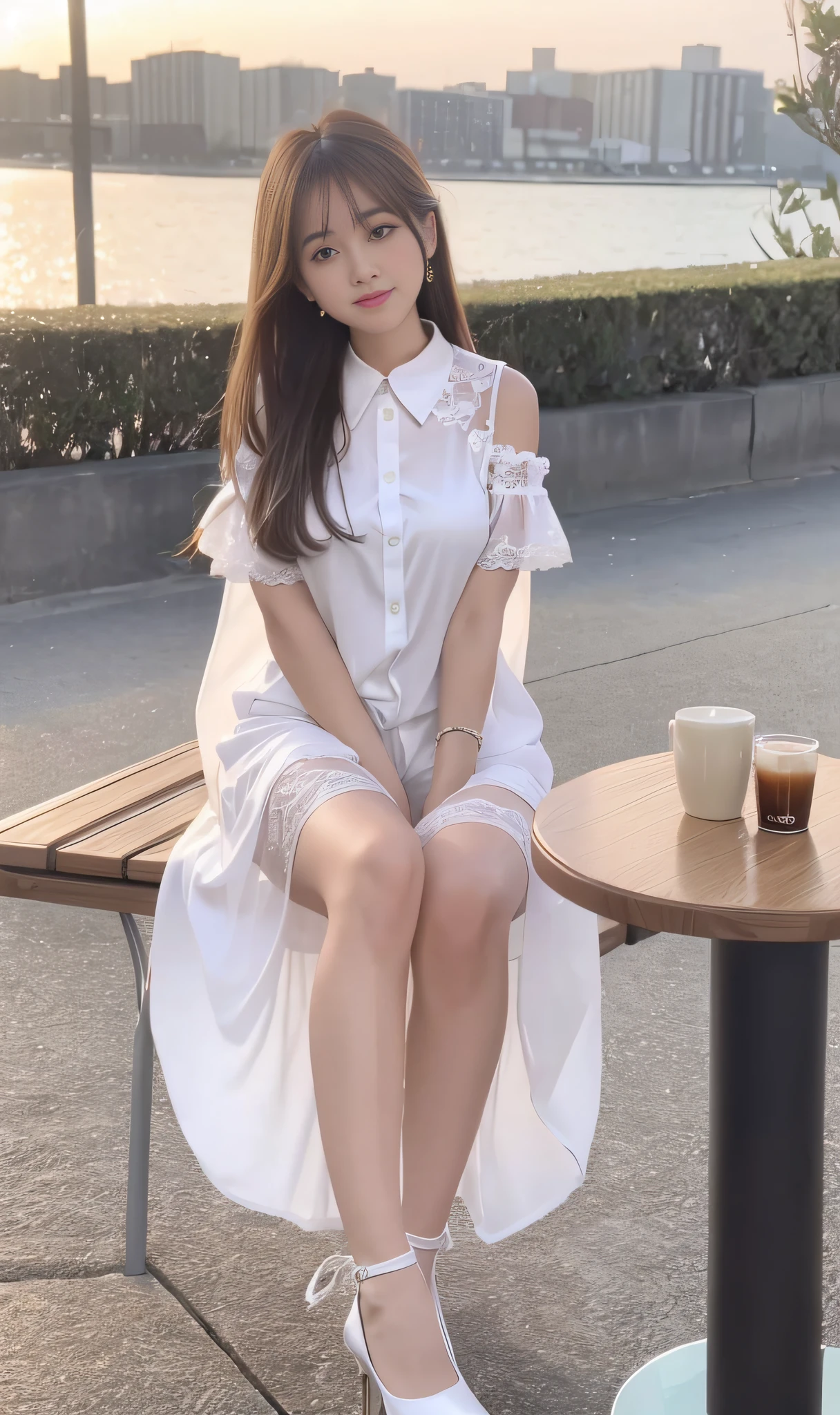 (8K、top-quality、masters:1.2)、(realisitic、Photorealsitic:1.37)、ultra-detailliert、1 girl in、looking at the spectator、cute little、Beautiful detailed sky、Detailed Cafe、Sitting on a chair for afternoon tea、full body Esbian、(A smile:1.15)、silently、mid-chest、Burst Shirt Button、Beautiful delicate eyes、(shirt with collar:1.1)、during daytime、sunlights、White lace、(length hair:1.4)、shoulder length hair、 silber hair、校服、de pele branca、movie lights、streetlights、(sexiest actress:1.4)、fully body photo、(coffee table:1)、(hand bag:1)、ulzzang -6500-v1.1:0.3、Karinak-4501-6300:1.2、long legged、high-heels、