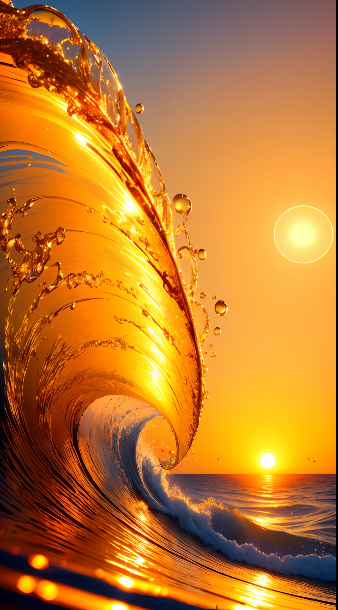Masterpiece, best quality, (8k very detailed CG unit wallpaper) (best quality), (best illustration), (best shadows) a golden sea wave, bright orange aol sunset through the wave, golden droplets flying, (:1.6)