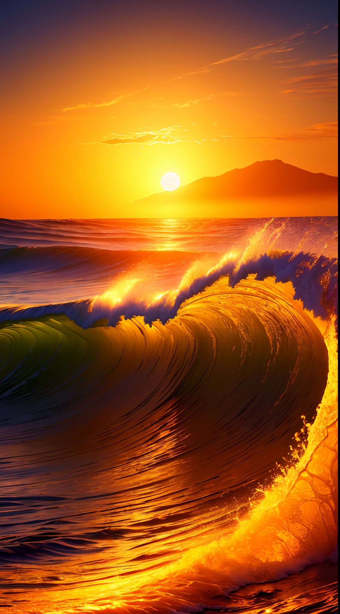 Masterpiece, best quality, (8k very detailed CG unit wallpaper) (best quality), (best illustration), (best shadows) a golden sea wave, bright orange aol sunset through the wave, golden droplets flying, (:1.6)