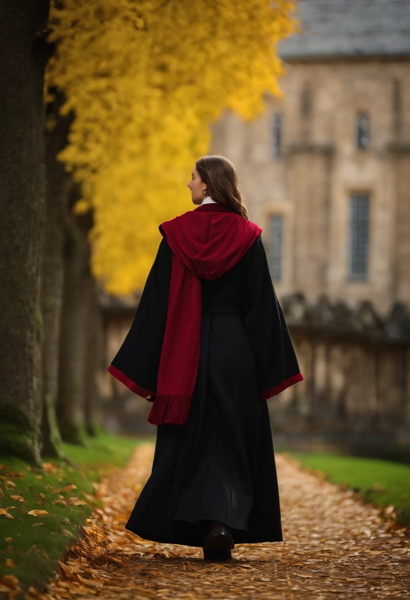 Arad woman in Harry Potter robes(((medium close-up))), wearing hogwarts,Robes,wearing black wizard robes, wearing wizard robes, Gryffindor, Magical school student uniform, magic school uniform, magic uniform university, academic clothing, wearing robes and neckties, Wizard robes, hogwarts style, wearing red sorcerer's robes, High quality clothing, (Canon EOS 5D Mark IV Camera, Famous for capturing vibrant colors and rich textures:1.2)