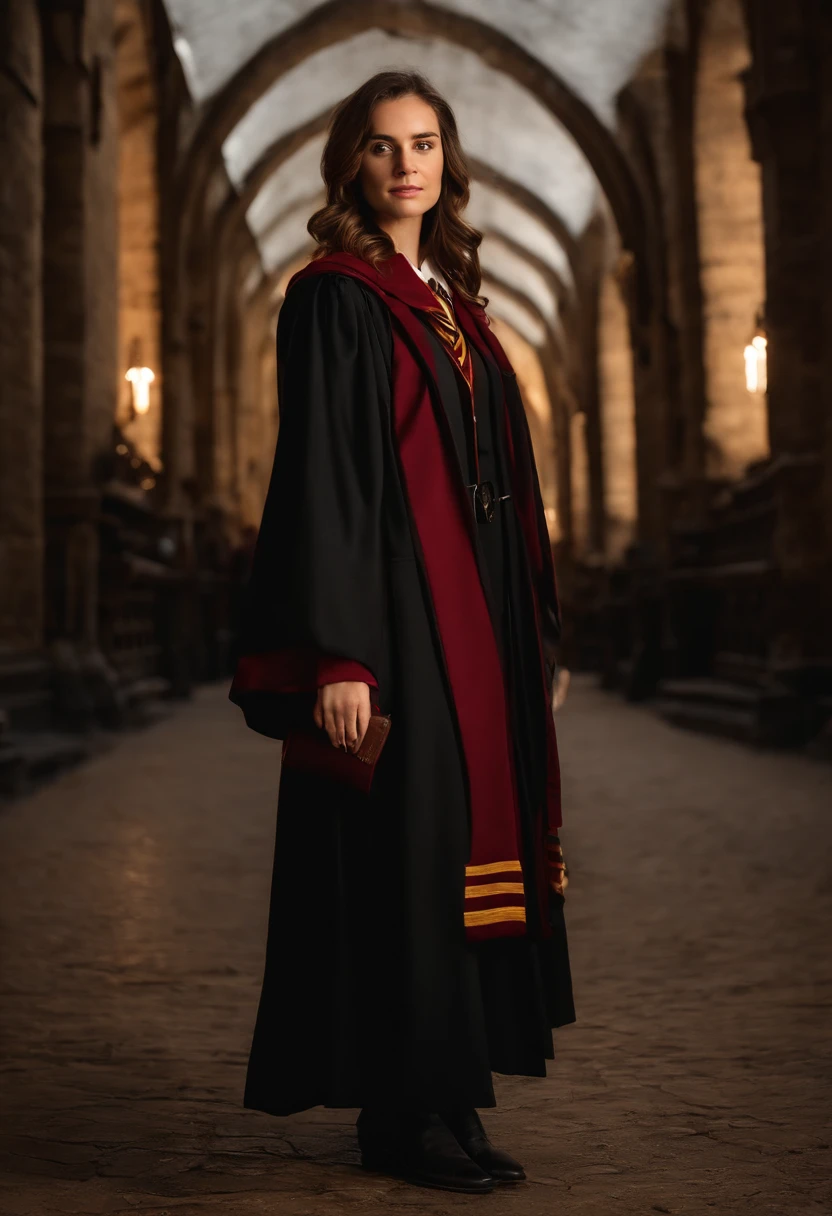 Arad woman in Harry Potter robes(((medium close-up))), wearing hogwarts,Robes,wearing black wizard robes, wearing wizard robes, Gryffindor, Magical school student uniform, magic school uniform, magic uniform university, academic clothing, wearing robes and neckties, Wizard robes, hogwarts style, wearing red sorcerer's robes, High quality clothing, (Canon EOS 5D Mark IV Camera, Famous for capturing vibrant colors and rich textures:1.2)