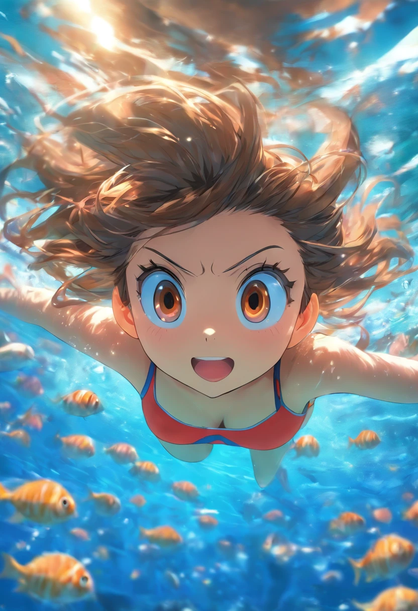 foreshortening, profundidade de campo, master part, best quality, 1girl, brown hair, olhos castanhos, cabelos longos, underwater, bolha de ar, sozinho, Olhando para o Viewer, school school swimsuit, swimming, luz solar fraca,
