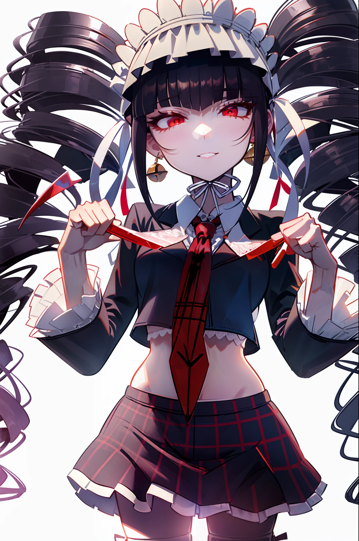 Celestia, black long hair, 1girl, twintails, solo, red eyes, bangs, nail polish, red nails, red bow, black shirt, underwear, choker, black bra, collarbone, sleeves rolled up, white necktie, pleated plaid red skirt, school uniform, black cross-laced knee boots, shiny, shiny hair, landscape, city landscape, city background, (hands over chest), hand over breasts, correct hands, correct anatomy, five fingers, beautiful hands