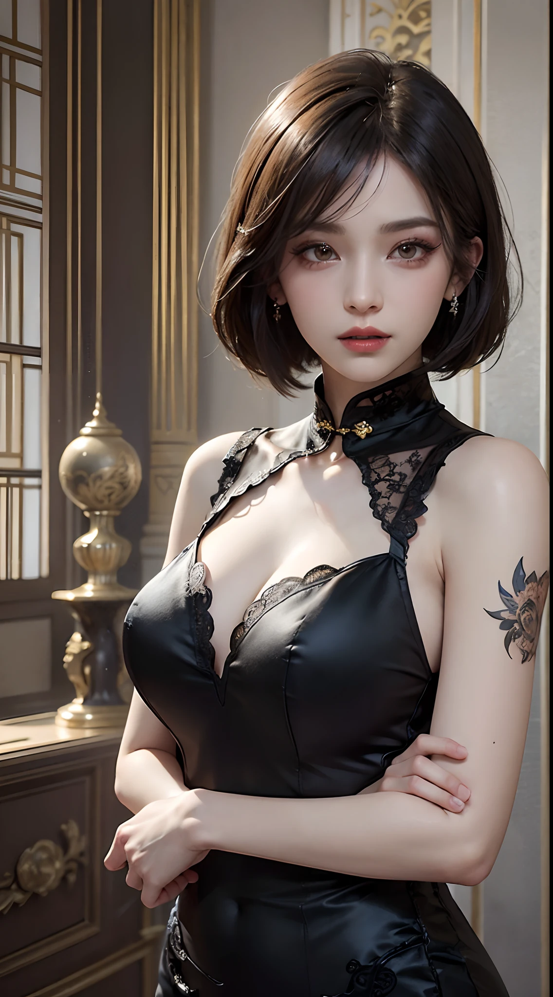 photorealistic, high resolution, 1women, mature female, solo, hips up, long hair, tattoo, (standing in a luxurious room, royal palace:1.5), ( intricate long black sleeveless china dress:1.3, cheongsam, lace details, high collar, long pelvic curtain, hip vent:1.2), (crossed arms:1.35), black hair, (facial clarity:1.3), short hair, intricate details, long eyelashes, thick eyelashes, short hair