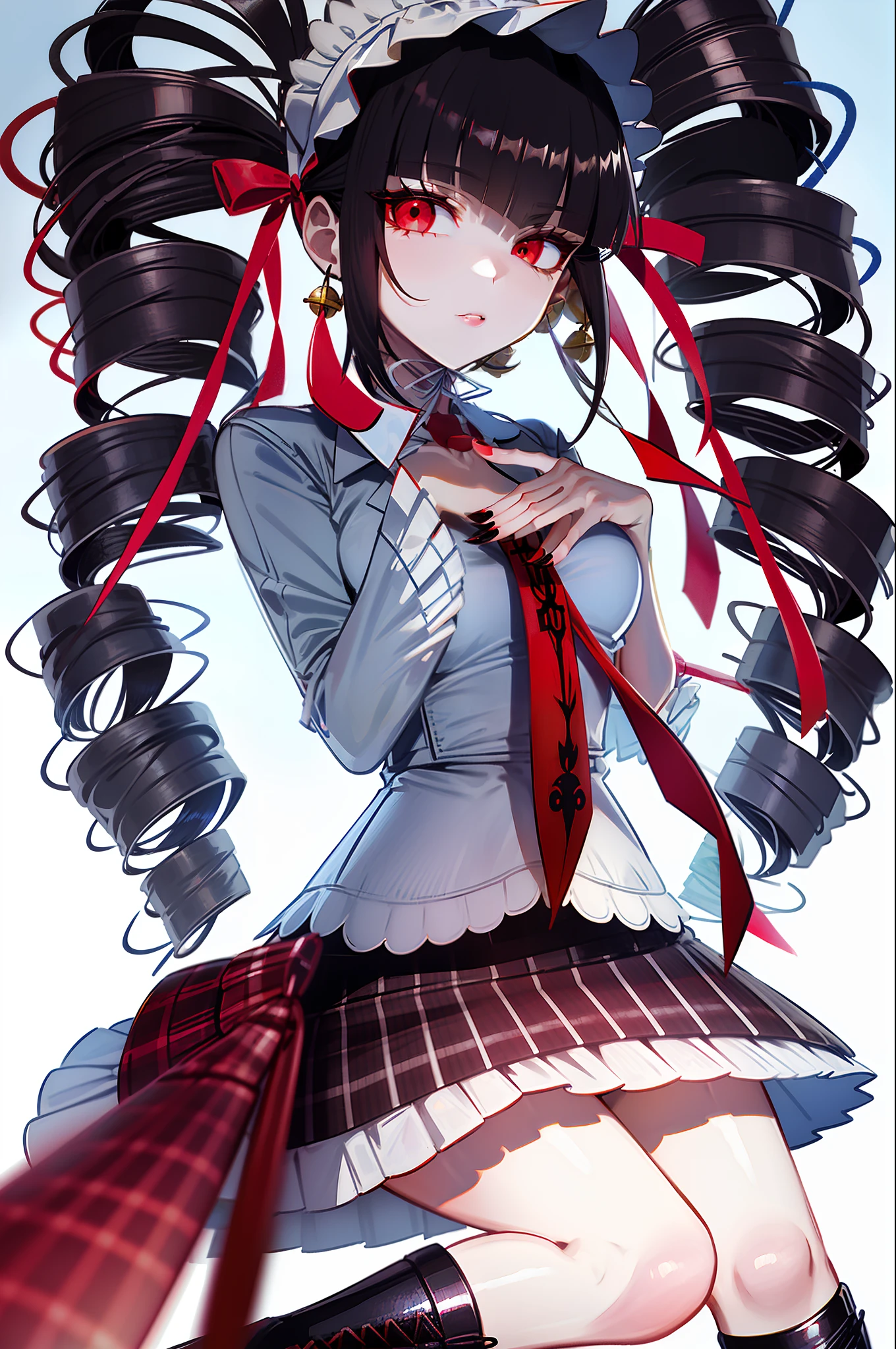 Celestia, black long hair, 1girl, twintails, solo, red eyes, bangs, nail polish, red nails, red bow, black shirt, underwear, choker, black bra, collarbone, sleeves rolled up, white necktie, pleated plaid red skirt, school uniform, black cross-laced knee boots, shiny, shiny hair, landscape, city landscape, city background, (hands over chest), hand over breasts, correct hands, correct anatomy, five fingers, beautiful hands