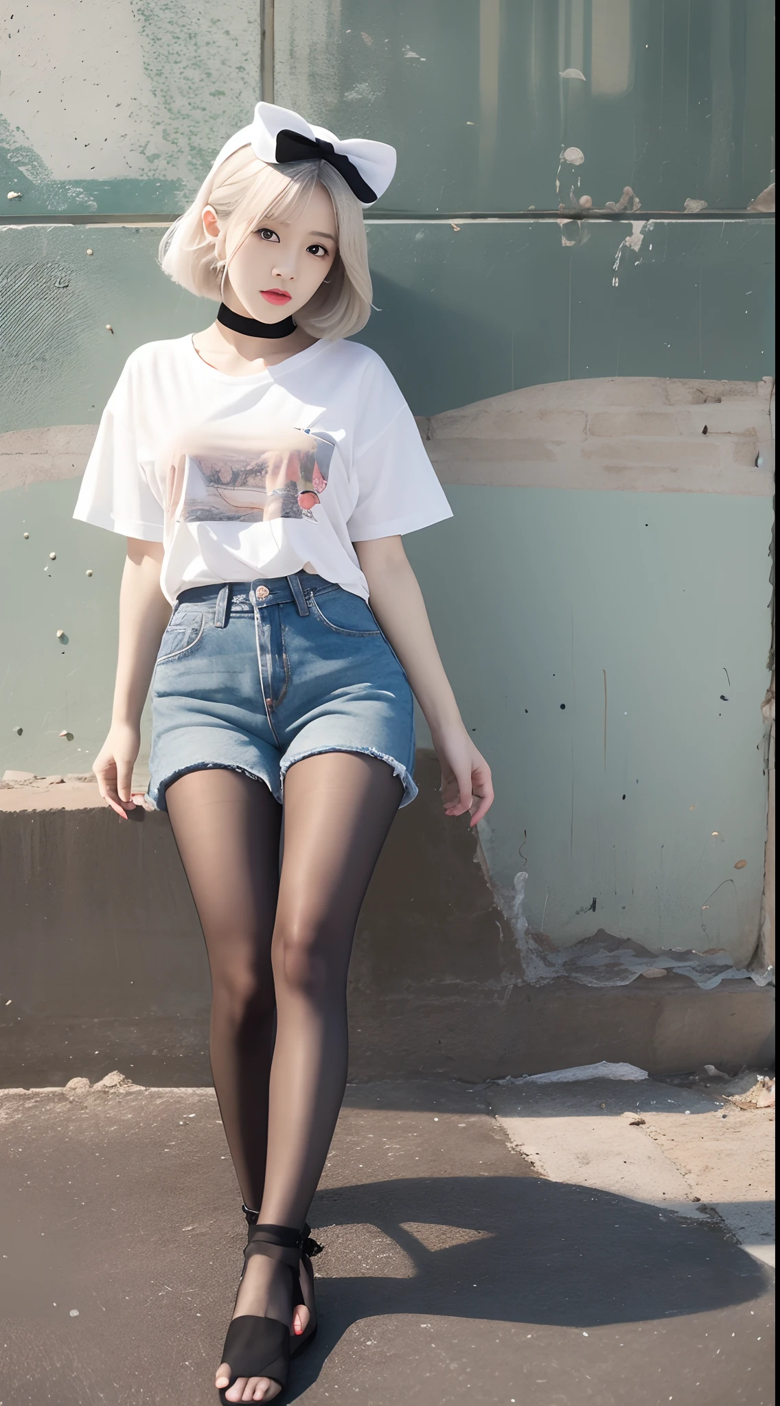 true to life,Photorealistic 1.5,((best qualtiy, 8K, tmasterpiece:1.3)),SLR camera (二重まぶた,largeeyes:1.3),(Korean female model 1.5),(Full body photo 1.5)(Female star 1.5)Clear focus 1.2, Perfect body beauty:1.4 , Delicate skin1.1,(short white hair 1.6),(Fashion watch 1.4),(Pure desire 1.3)(Black pantyhose 1.5)(Leg length 1.2 m 1.5),Slender legs,Bow knot,cap,White T-shirt,denim short,With earrings,bangle,beachside,Waves bloom one by one